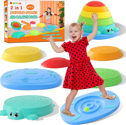 HAPATOYS Balance Board & Stepping Stones for Kids - 2-in-1 No-Slip Turtle Stepping Stones and Balance Board for Toddler Balance & Obstacle Course, for 3 4 5 6 Year Old Kid Indoor & Outdoor Play