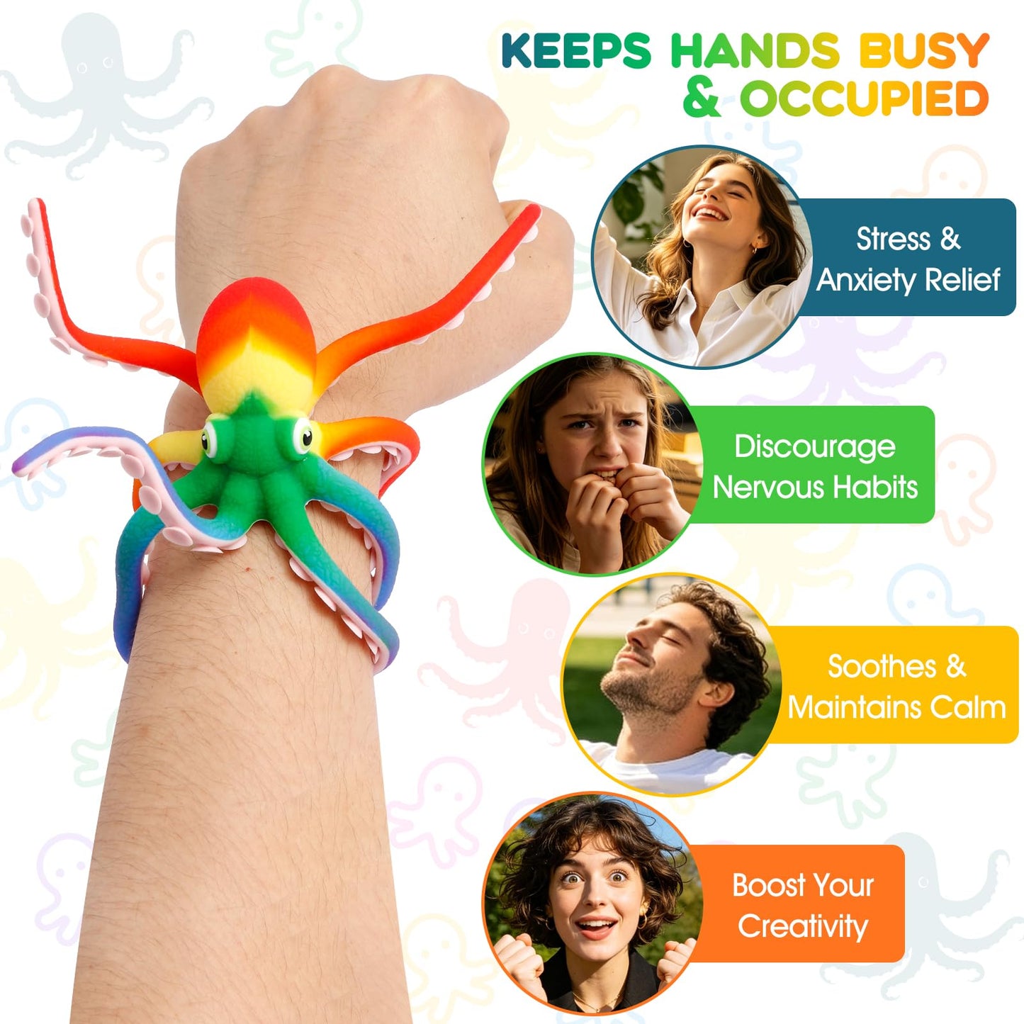 Octopus Fidget Toy - Sensory Stress Relief Toy with Suction Cups for Kids Teens and Adults - Bendable Tentacles Squishy Toy for Anxiety Relief (2 Pcs-Camoblue&Rainbow)
