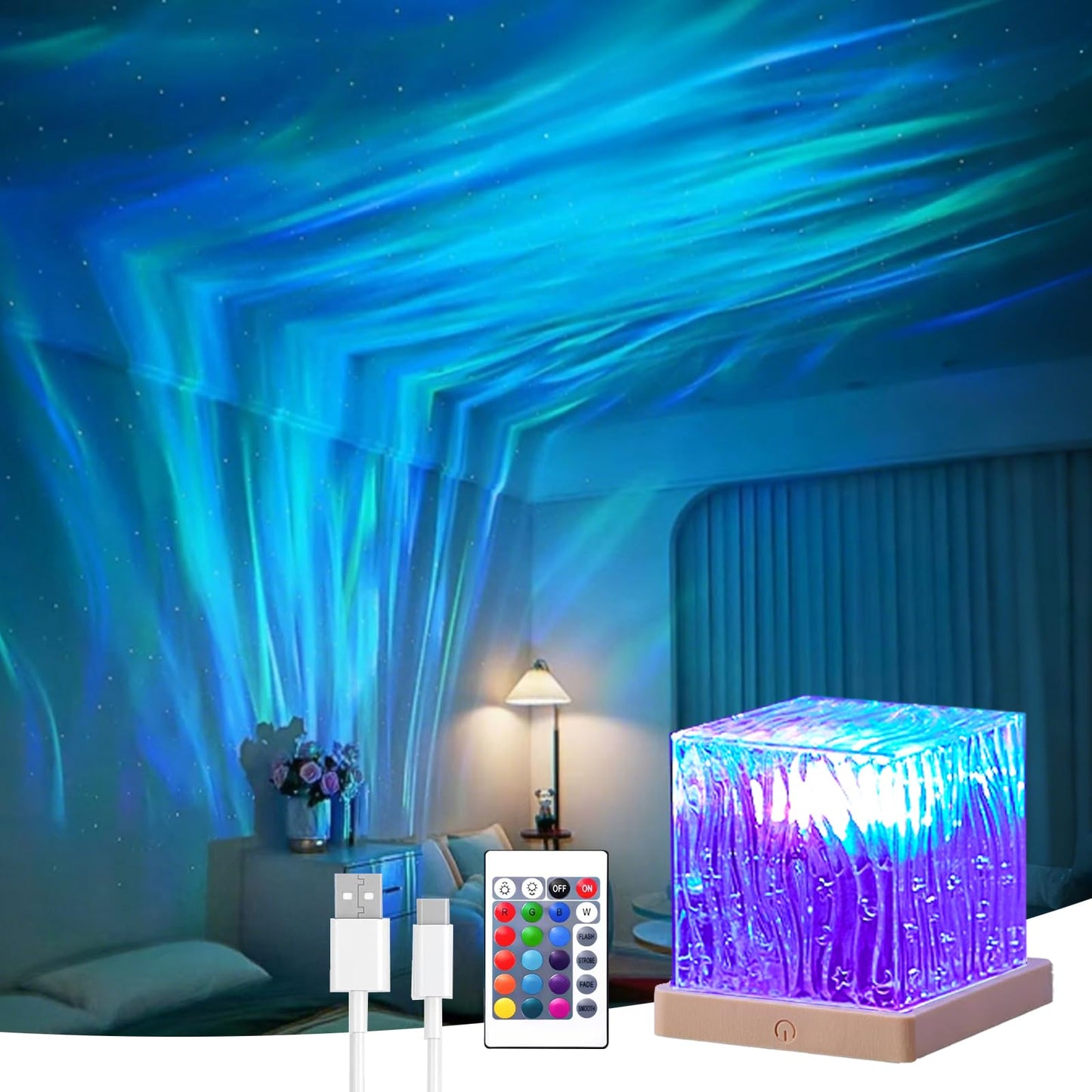 Ocean Wave Projector Light, 16-Color LED Shower Lamp with Remote, 3D Water Ripple Projection, Romantic Ambient Lighting for Kids Room, Relaxation, Bedroom, Bathroom & Night Light