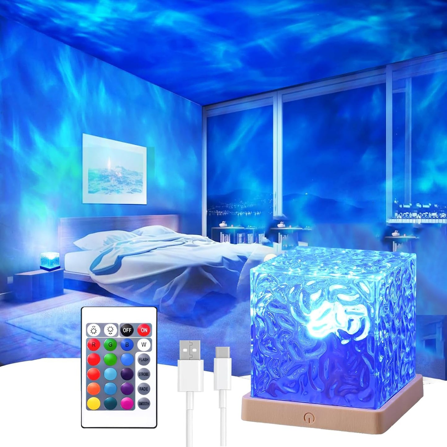 Ocean Wave Projector Light, 16-Color LED Shower Lamp with Remote, 3D Water Ripple Projection, Romantic Ambient Lighting for Kids Room, Relaxation, Bedroom, Bathroom & Night Light