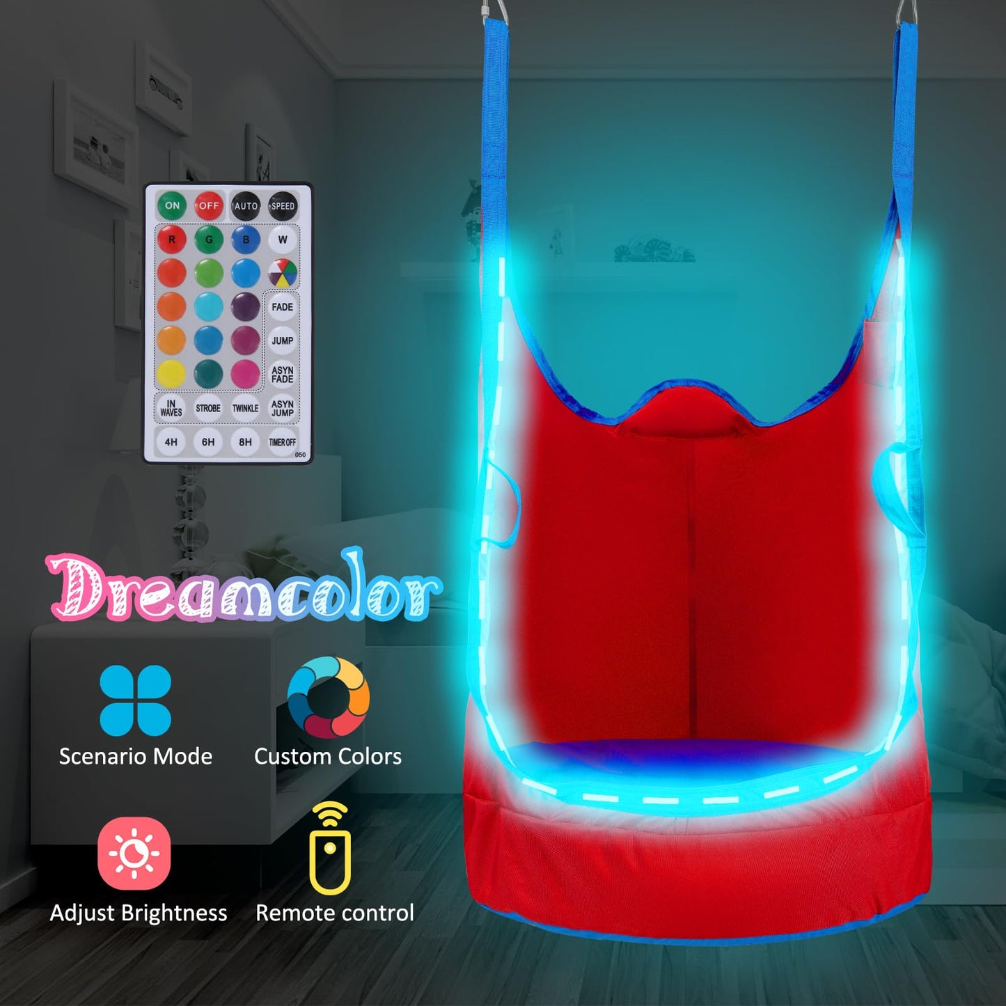 Upgraded Kids Pod Swing Chair,Child Hanging Hammock Chair with Led Lights,900D Oxford Cloth Pod Swing Seat for Indoor and Outdoor with All Accessories (Blue)