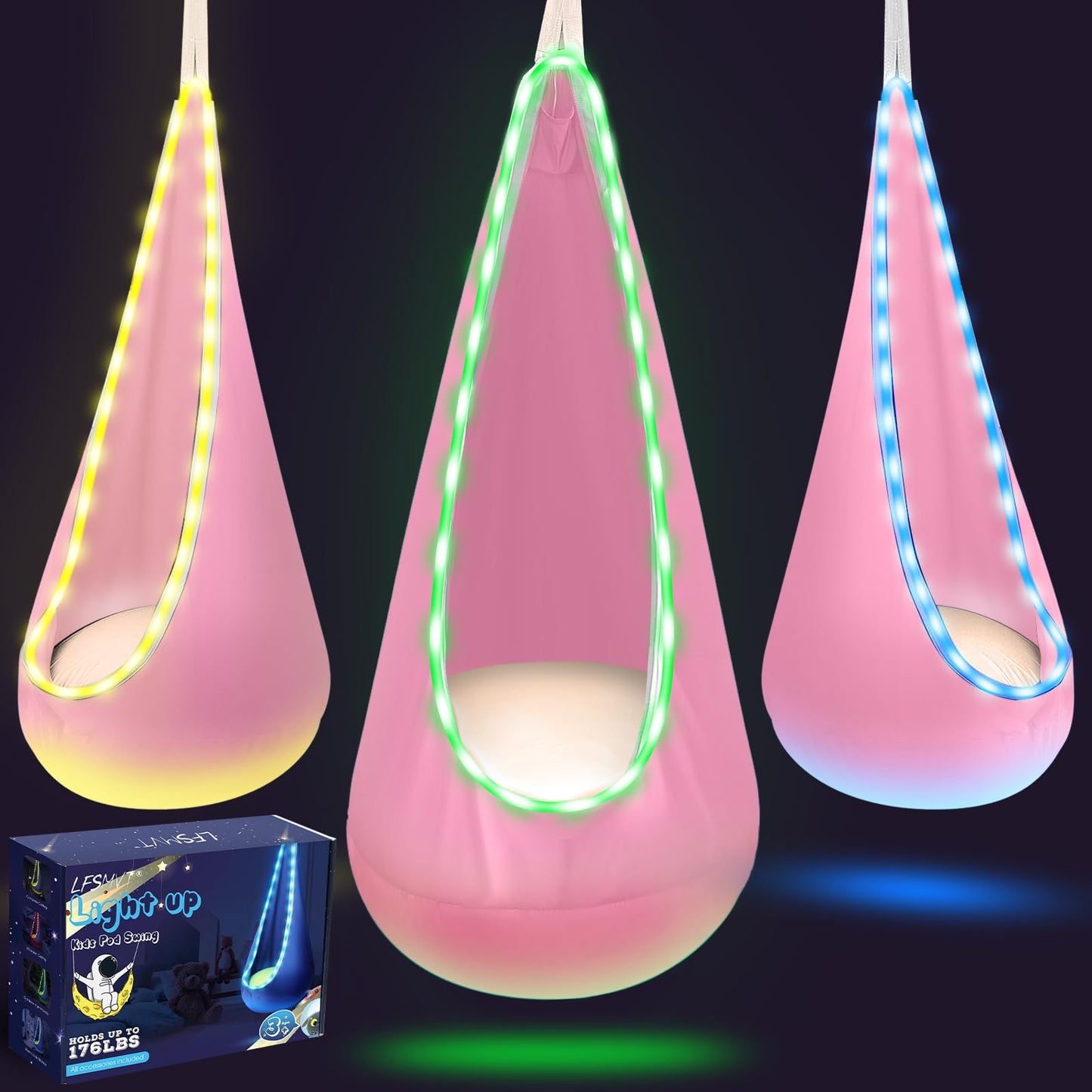 Light Up Kids Pod Swing Seat, Upgraded Kids Hanging Hammock Swing with LED Lights, Cotton Sensory Pod Swing Chair with Inflatable Pillow, Pod Swing for Kids Indoor & Outdoor (1 PCS) (Blue)