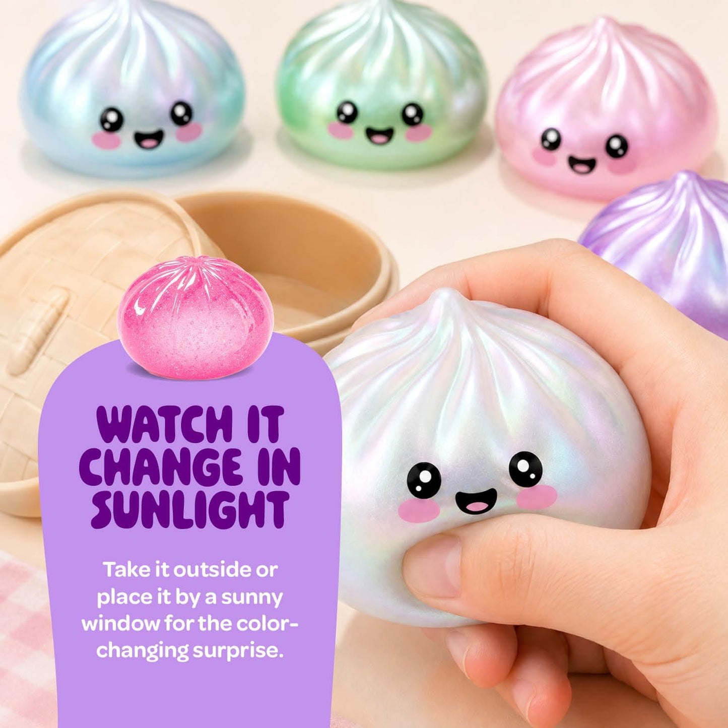 Glitter Dumpling Squishy Mystery Box - UV Color-Changing - Squishies Squeeze Toys - Squishys Big Dumplings Fidget Stress Sensory Toys - Gifts for Kids, Teens, Girls, Boys - Desk Toy