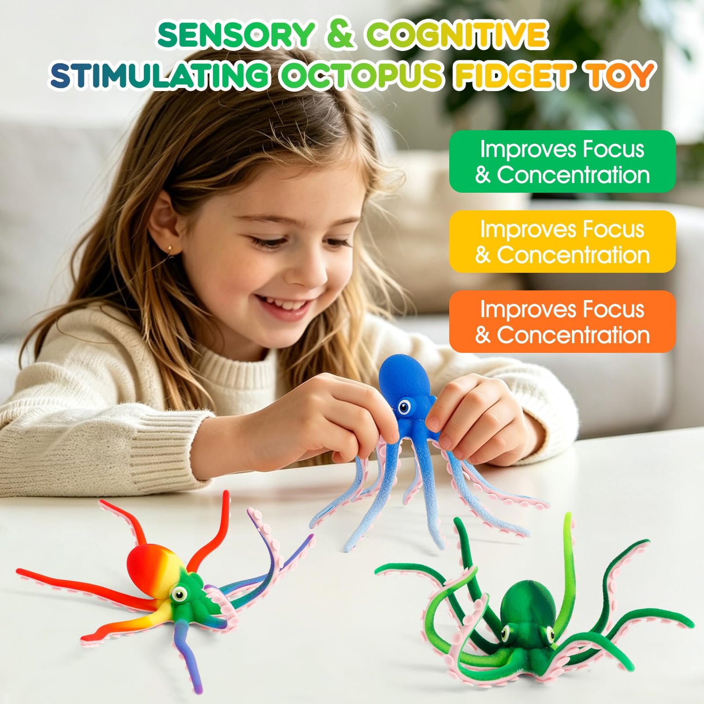 Octopus Fidget Toy - Sensory Stress Relief Toy with Suction Cups for Kids Teens and Adults - Bendable Tentacles Squishy Toy for Anxiety Relief (2 Pcs-Camoblue&Rainbow)