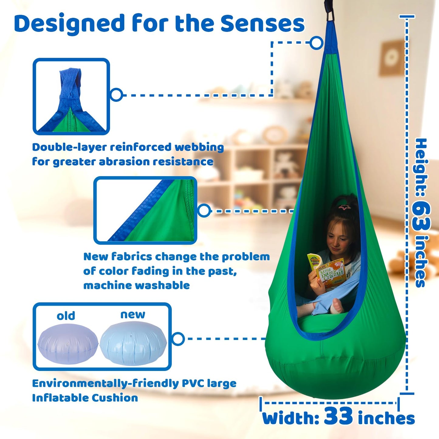 HiCamer Sensory Swing for Kids indoor and outdoor Pod hammock Chair Seat Upgrade Max 300 lbs Hanging Swing with Inflatable Cushion Includes Hardware Hanger Kit for Aspergers Autism ADHD (Cranberry)