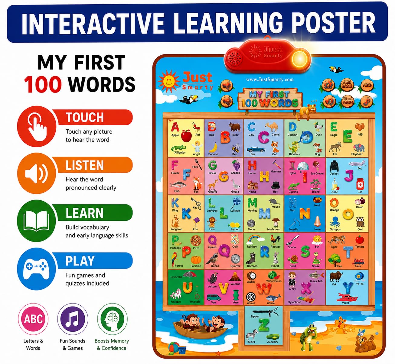Just Smarty Interactive Alphabet Wall Chart, Blue | ABCs & 123s Learning for Toddlers 1-5, Educational Gift for Ages 1-5, Speech Therapy, Autism Toys
