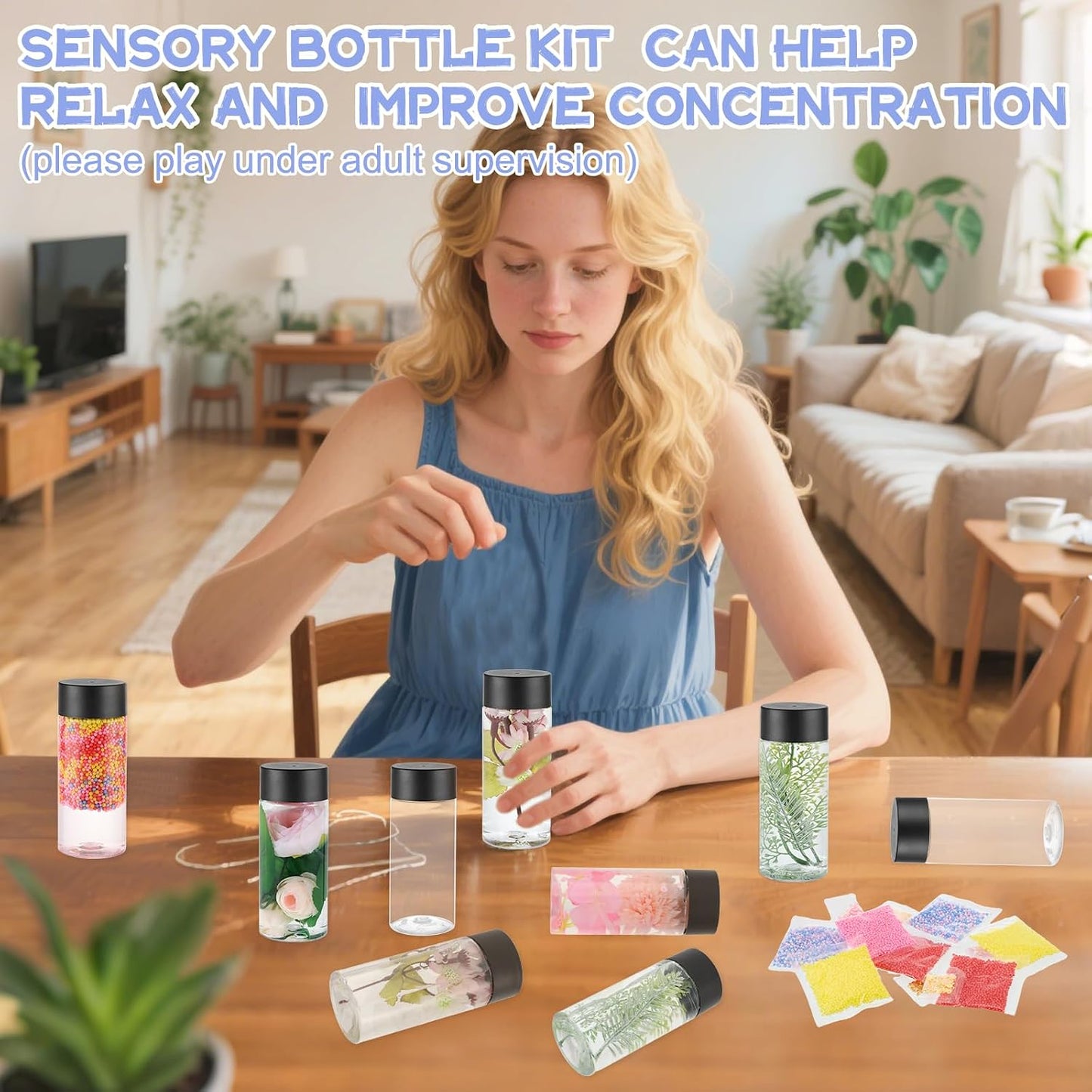 YEXEXINM 16 Pcs Empty Sensory Bottles Kits, 300 ml Leakproof Clear Plastic Sensory Bottles with Lids with Sequins Accessories, Reusable Water Bottles for Sensory Crafts Handmade Party Supply