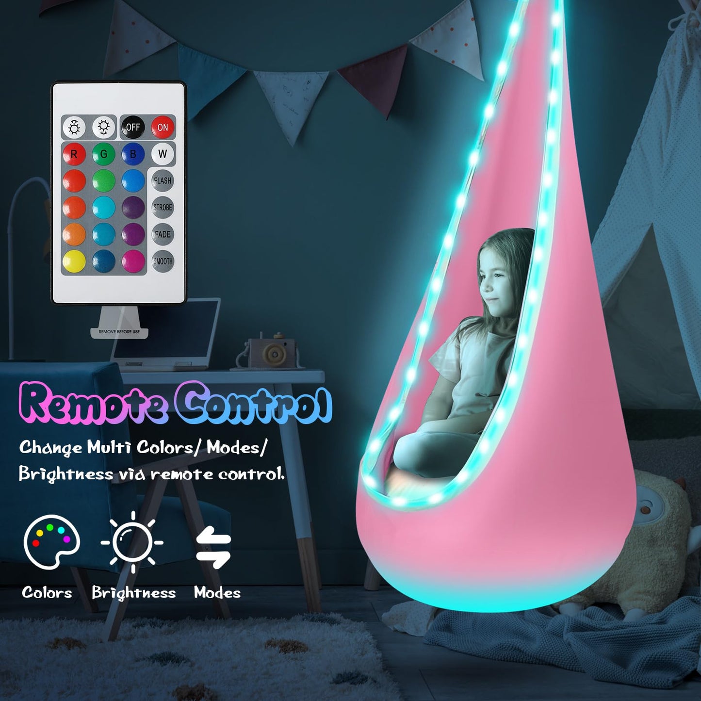 Light Up Kids Pod Swing Seat, Upgraded Kids Hanging Hammock Swing with LED Lights, Cotton Sensory Pod Swing Chair with Inflatable Pillow, Pod Swing for Kids Indoor & Outdoor (1 PCS) (Blue)