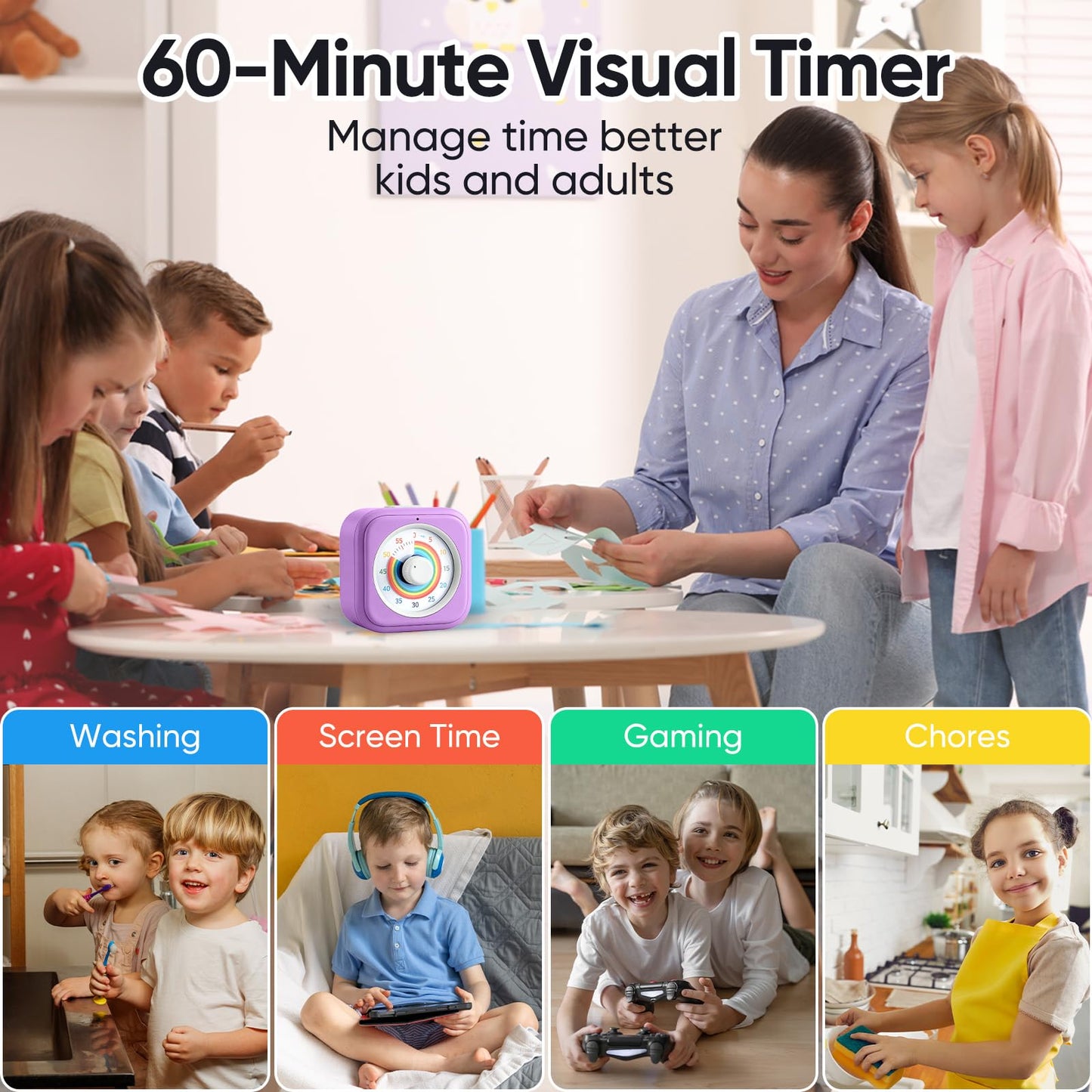 60 Minute Visual Timer for Kids, Silent Countdown Clock, Time Management Tool for Homeschool Study Supplies, Classroom, Home, Kitchen, Desk (Green)