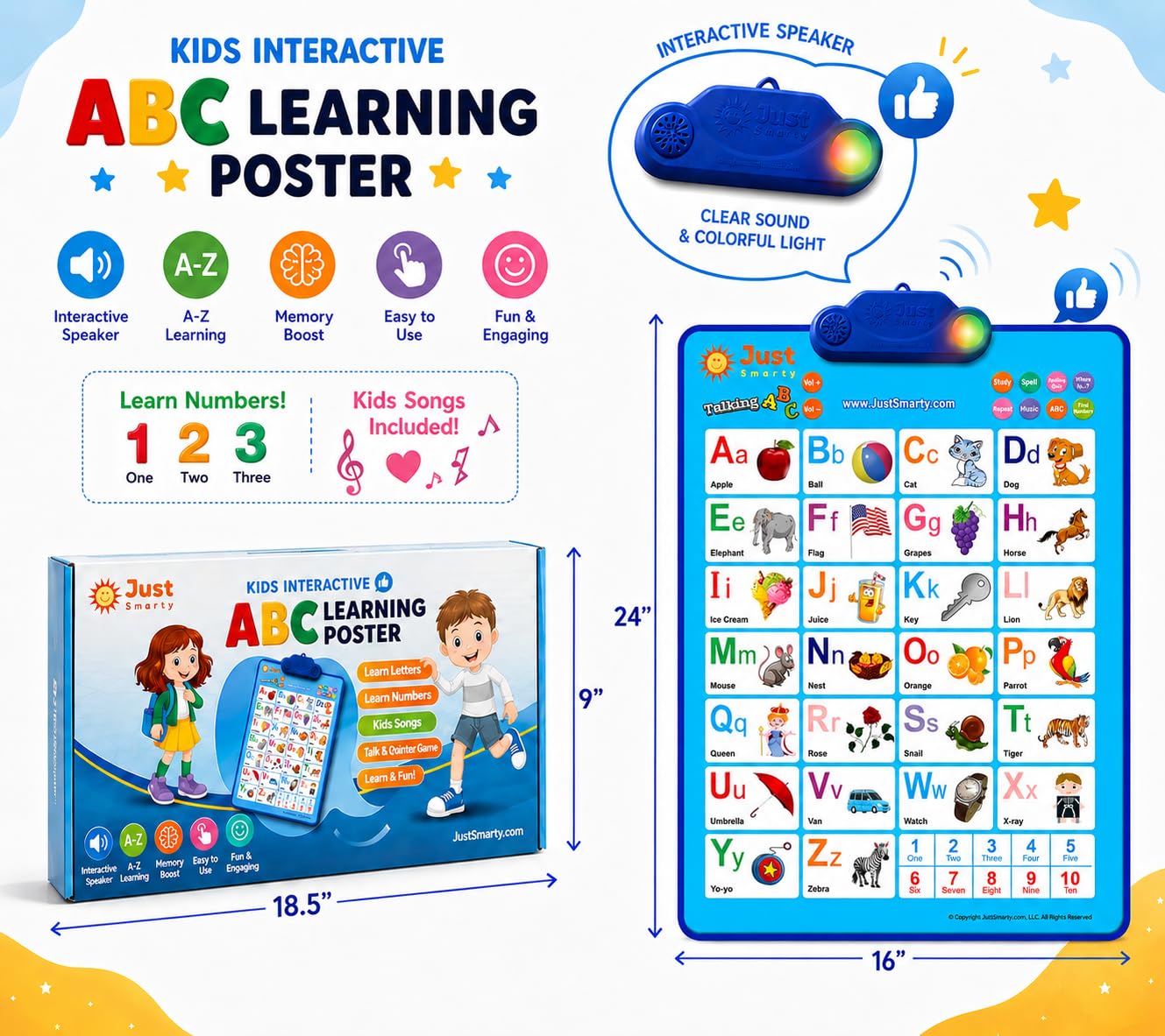 Just Smarty Interactive Alphabet Wall Chart, Blue | ABCs & 123s Learning for Toddlers 1-5, Educational Gift for Ages 1-5, Speech Therapy, Autism Toys