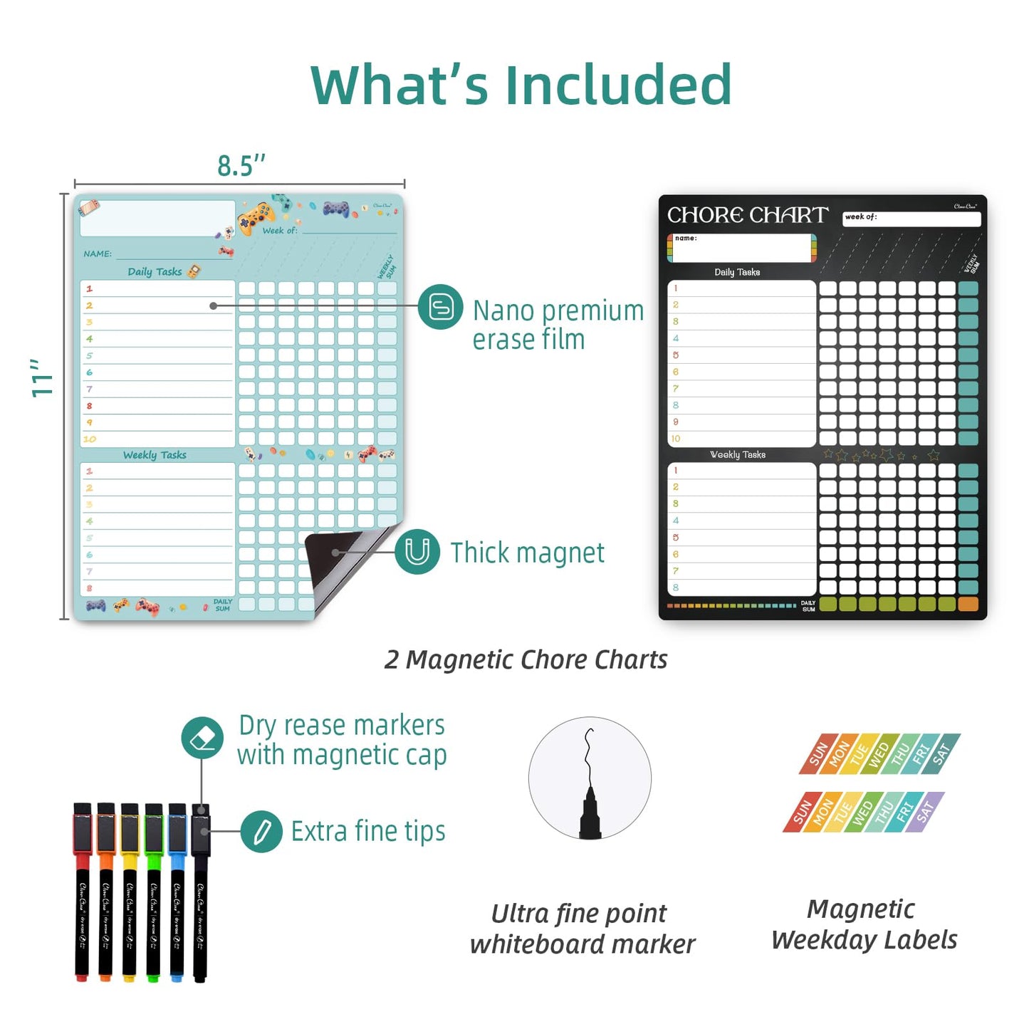 Magnetic Dry Erase Chore Chart - 8.5"x11" Behavior Responsibility Chore Board, Reward Chart for Kids, Teenagers - 6 Extra Fine Point Markers Included - Shipped Flat