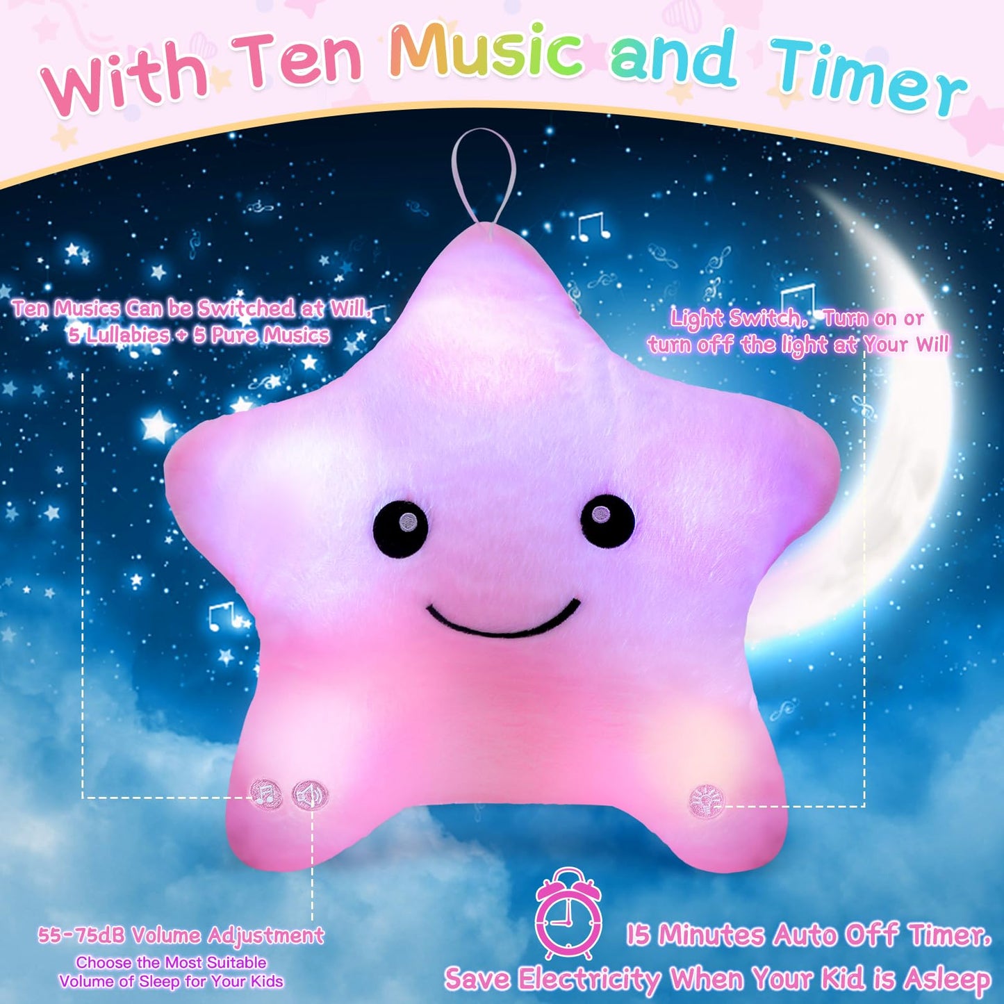 Subao Sensory Toys for Kids with Autism,14" Soft Toddler Pillow With Light &Music,Plush Star Night Light,Light Up Adhd Autism Sensory Products,Birthday Xmas Easter Gifts for Boys 3 4 5 6 7 8 9 10 Blue