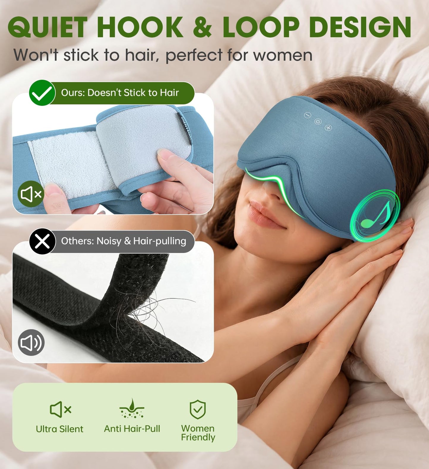 Bamboo Cotton Large Sleep Mask with Bluetooth Wireless Headphones - Blackout Eye Mask for Sleeping 3D Contoured Sleep Eye Cover Headband Ear Plugs Low Noise Hook for Men Women Better Experience (Grey)