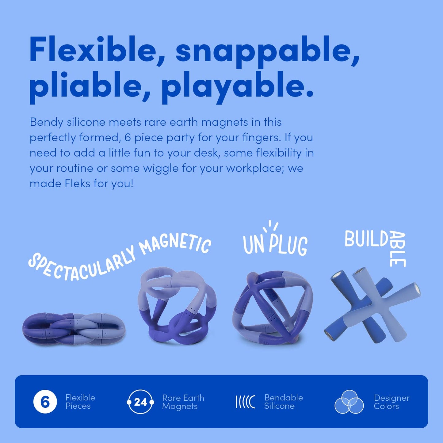 Speks Fleks Flexible Silicone Magnetic Fidget Toy - Fun Desk Toy for Adults & Teens 14+ | Sensory Gadget, Stress Relief | 6-Piece Set, Evergreen