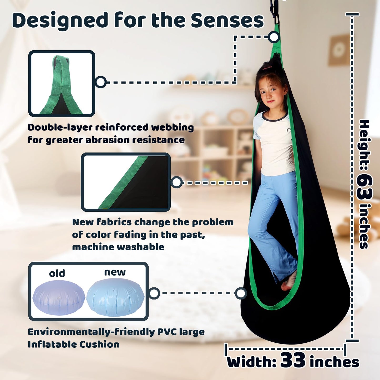 HiCamer Sensory Swing for Kids indoor and outdoor Pod hammock Chair Seat Upgrade Max 300 lbs Hanging Swing with Inflatable Cushion Includes Hardware Hanger Kit for Aspergers Autism ADHD (Cranberry)
