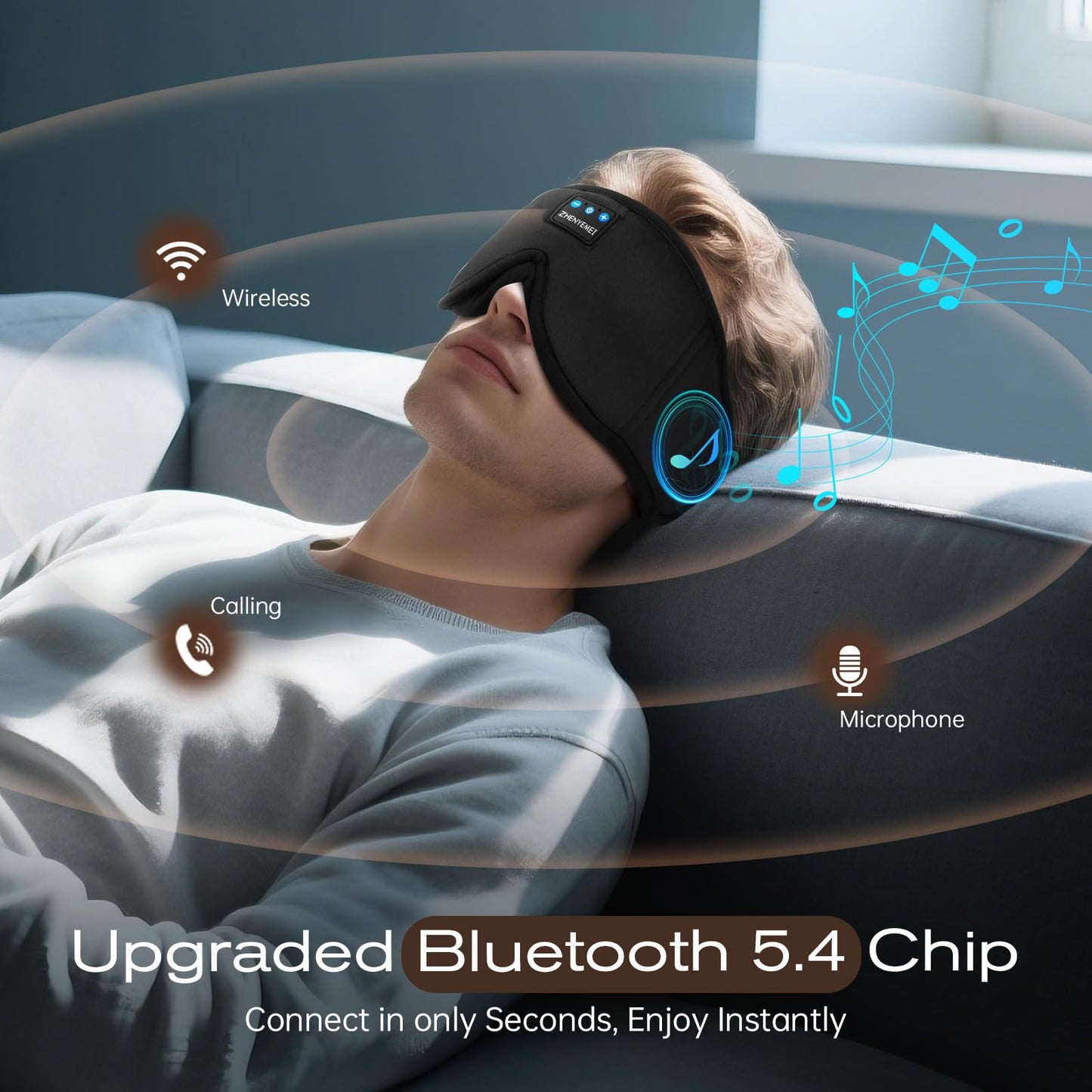 Bamboo Cotton Large Sleep Mask with Bluetooth Wireless Headphones - Blackout Eye Mask for Sleeping 3D Contoured Sleep Eye Cover Headband Ear Plugs Low Noise Hook for Men Women Better Experience (Grey)