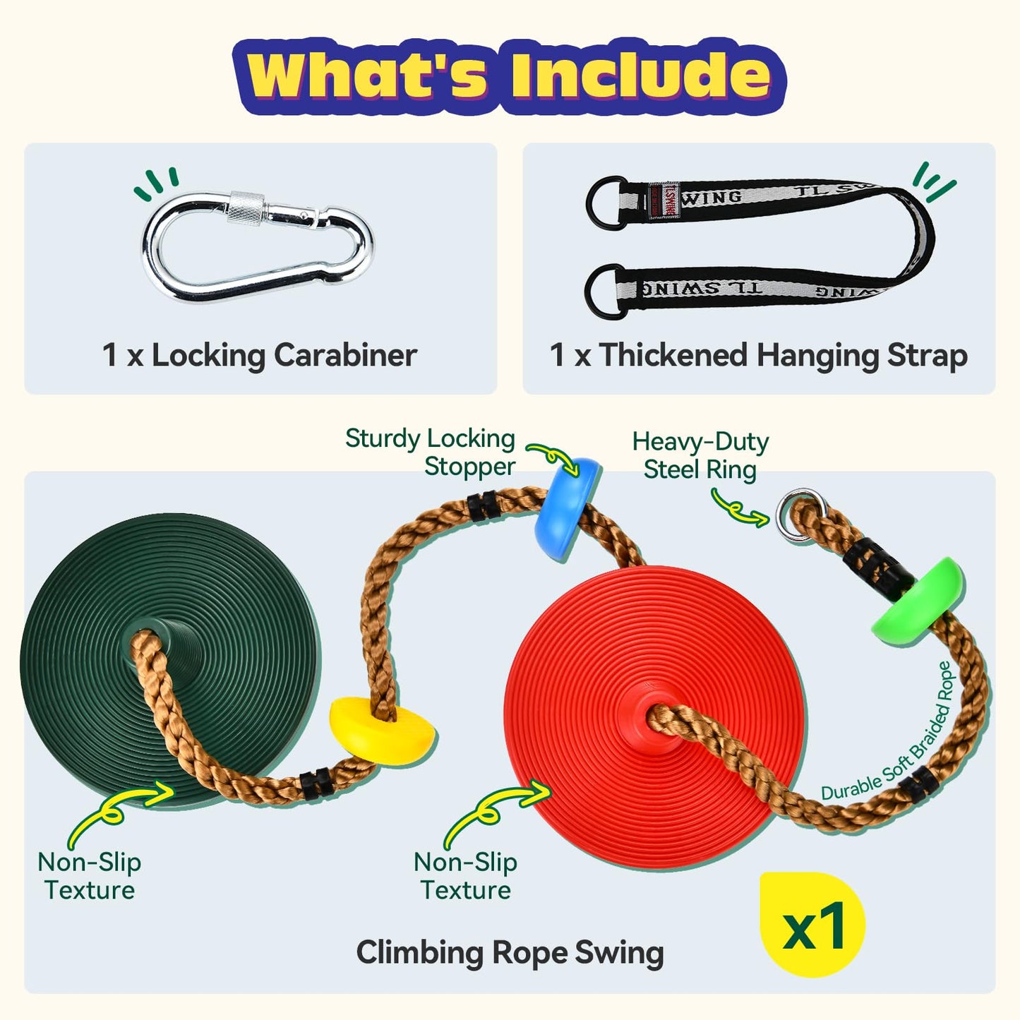 HeyZoo Tree Swing for Kids 330LB Capacity, Climbing Rope with Platforms and Disc Swing Seat Set Outdoor Backyard Playground Accessories with Carabiners and Thickened Strap, Green