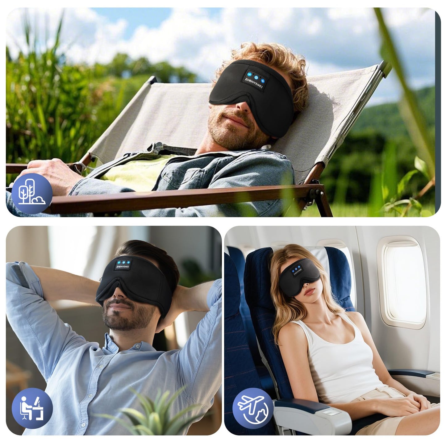 Bamboo Cotton Large Sleep Mask with Bluetooth Wireless Headphones - Blackout Eye Mask for Sleeping 3D Contoured Sleep Eye Cover Headband Ear Plugs Low Noise Hook for Men Women Better Experience (Grey)
