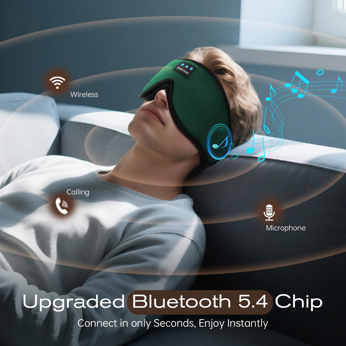 Bamboo Cotton Large Sleep Mask with Bluetooth Wireless Headphones - Blackout Eye Mask for Sleeping 3D Contoured Sleep Eye Cover Headband Ear Plugs Low Noise Hook for Men Women Better Experience (Grey)