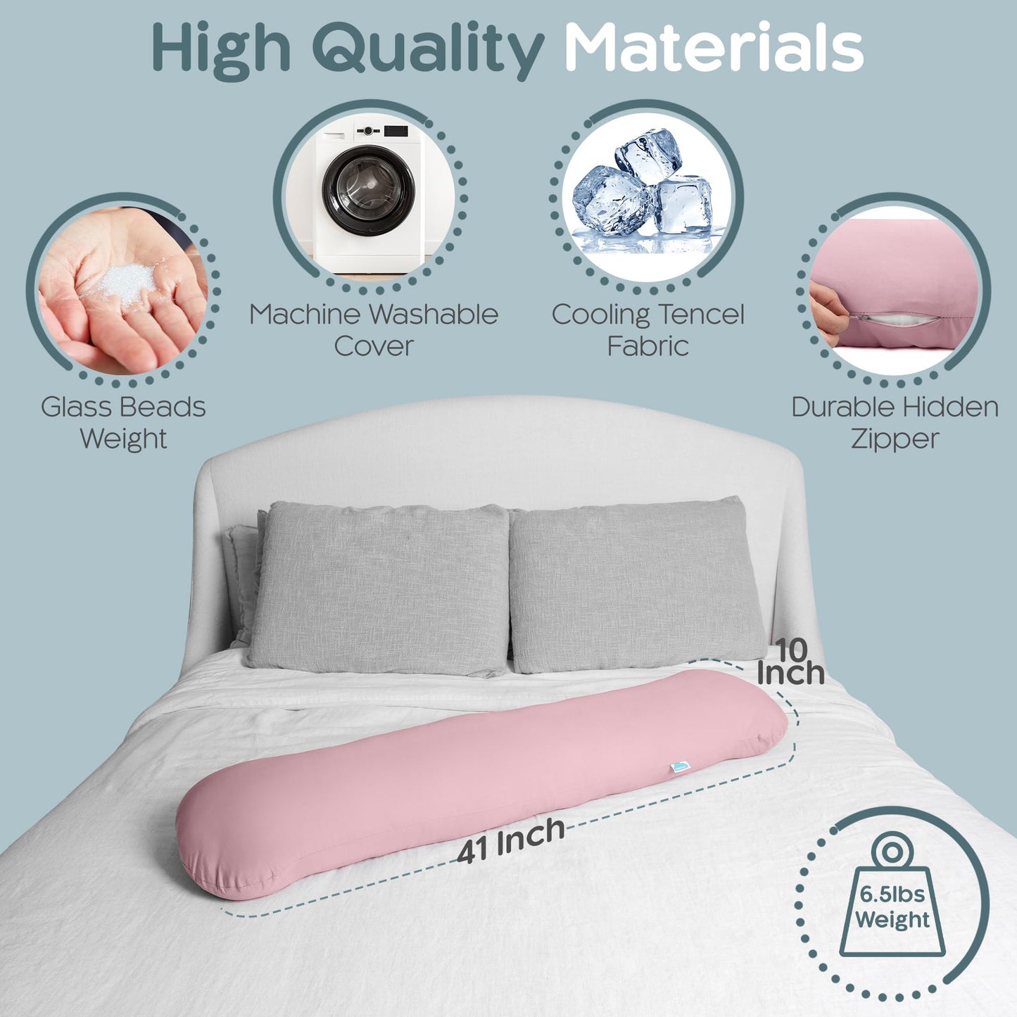 SleepCloud Weighted Body Pillow 6.5lbs - Weighted Pillow for Deeper Sleep (41" x 10") - Cooling Body Pillows for Adults, Full Body Pillow for Sleeping, Side Sleeper Body Pillow with Cover