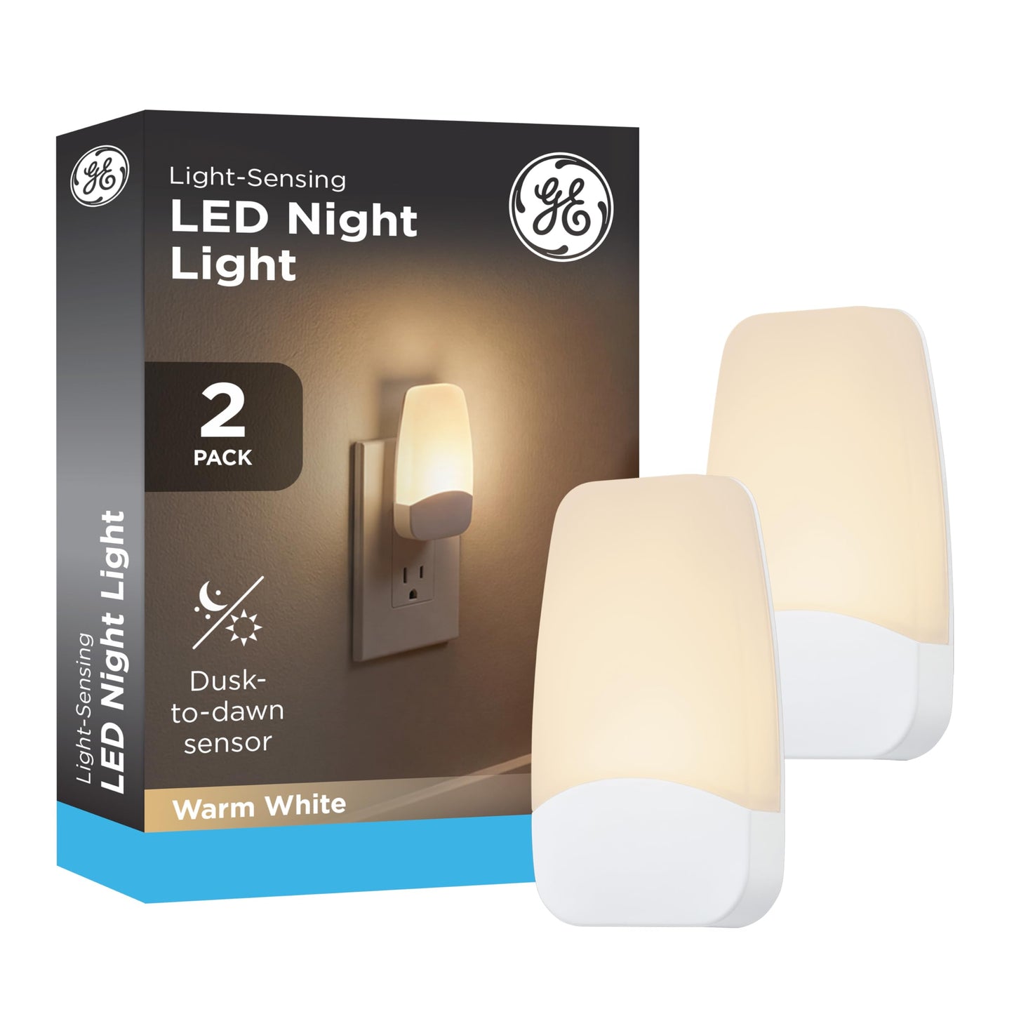 GE Sleeplite Night Lights Plug Into Wall, Dusk to Dawn Sensor, Ambient Lighting, Sleep Aid, Bathroom Décor, LED Lights for Bedroom, Apartment Essentials, Smart Home,76135, Amber, 2 Pack