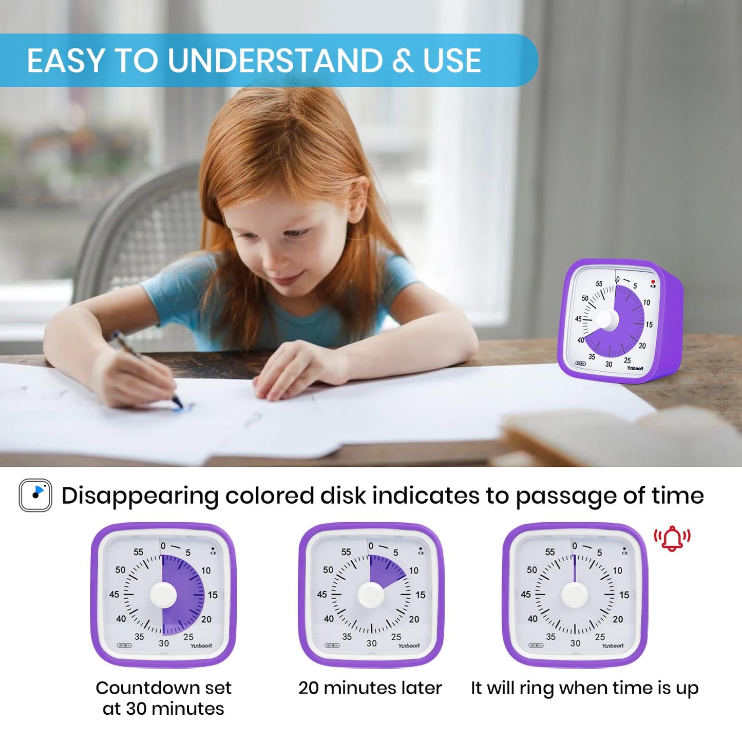 Yunbaoit Visual Timer with Protective Case, Rainbow Disk 60 Minute Countdown Timer for Kids and Adults, Silent Time Management Tool(Blue Rainbow)
