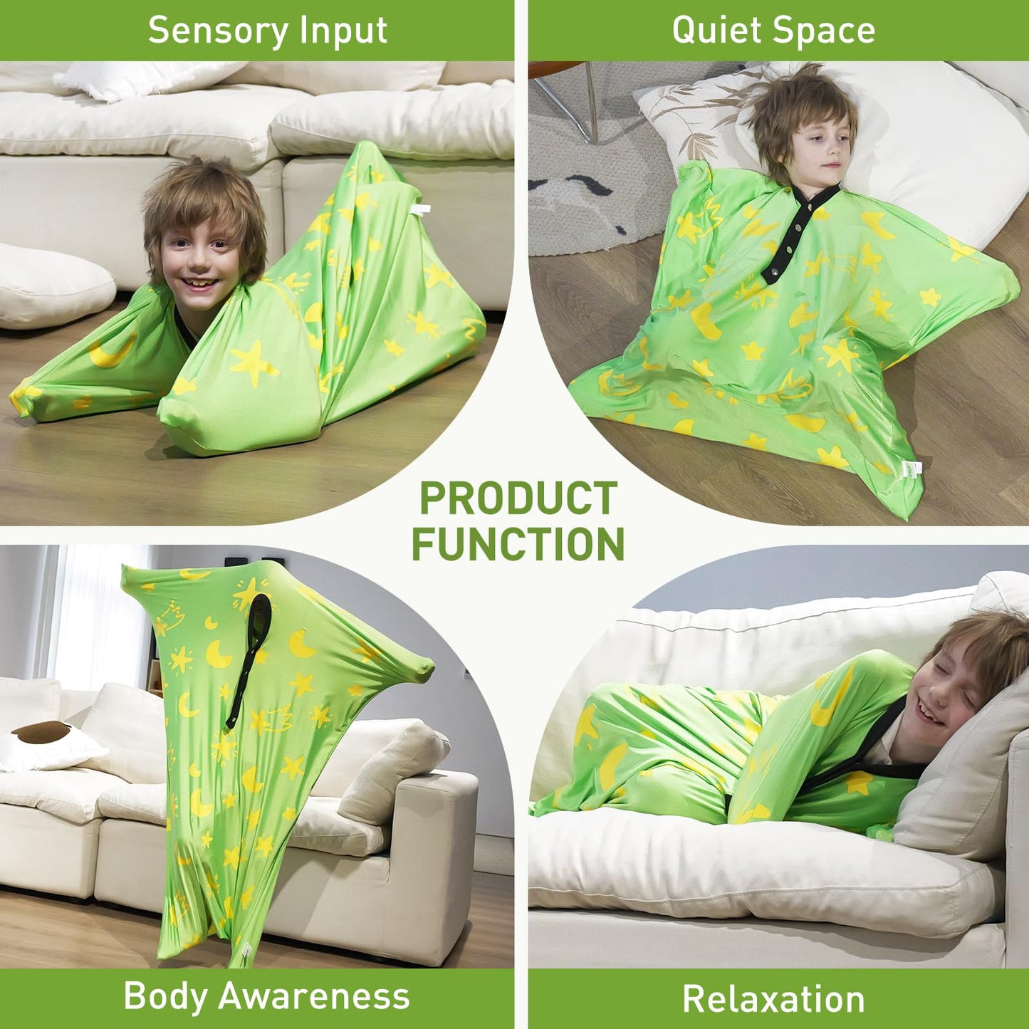 Sensory Body Sock, 47" x 27" Sensory Sack Premium Sensory Sock Glow in The Dark for 6-9 Autistic Children, Good for Height: 41"-51" Medium, Green