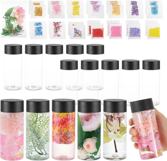 YEXEXINM 16 Pcs Empty Sensory Bottles Kits, 300 ml Leakproof Clear Plastic Sensory Bottles with Lids with Sequins Accessories, Reusable Water Bottles for Sensory Crafts Handmade Party Supply