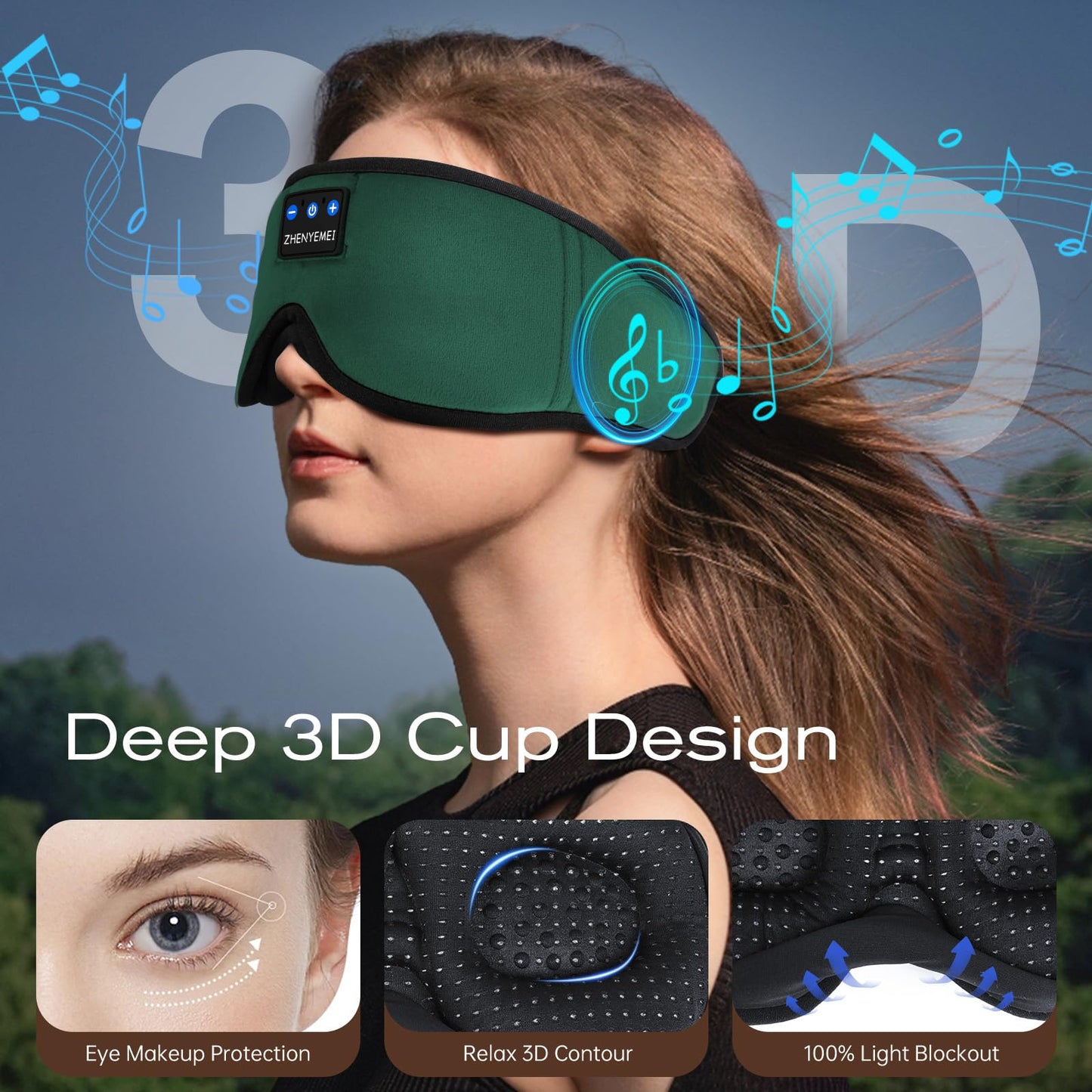 Bamboo Cotton Large Sleep Mask with Bluetooth Wireless Headphones - Blackout Eye Mask for Sleeping 3D Contoured Sleep Eye Cover Headband Ear Plugs Low Noise Hook for Men Women Better Experience (Grey)