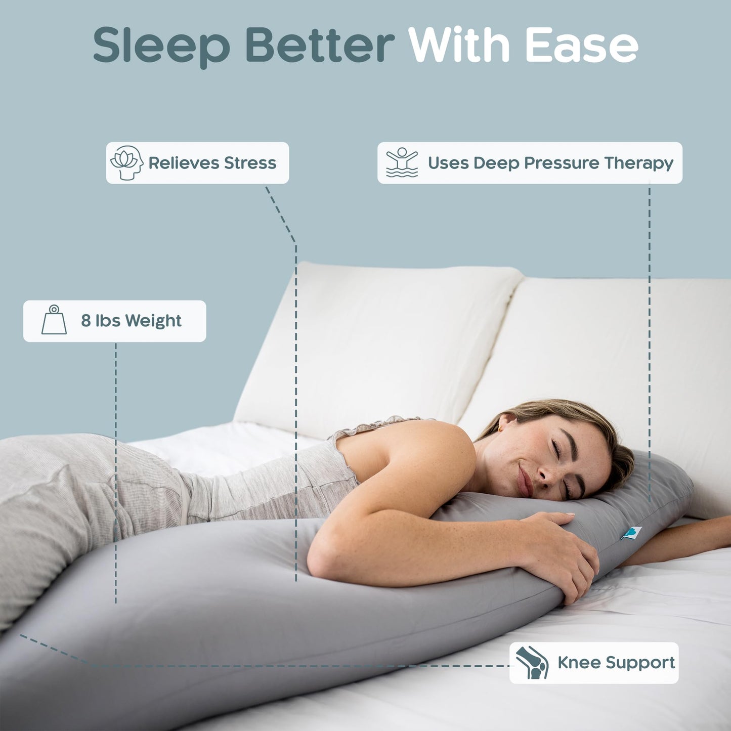 SleepCloud Weighted Body Pillow 6.5lbs - Weighted Pillow for Deeper Sleep (41" x 10") - Cooling Body Pillows for Adults, Full Body Pillow for Sleeping, Side Sleeper Body Pillow with Cover