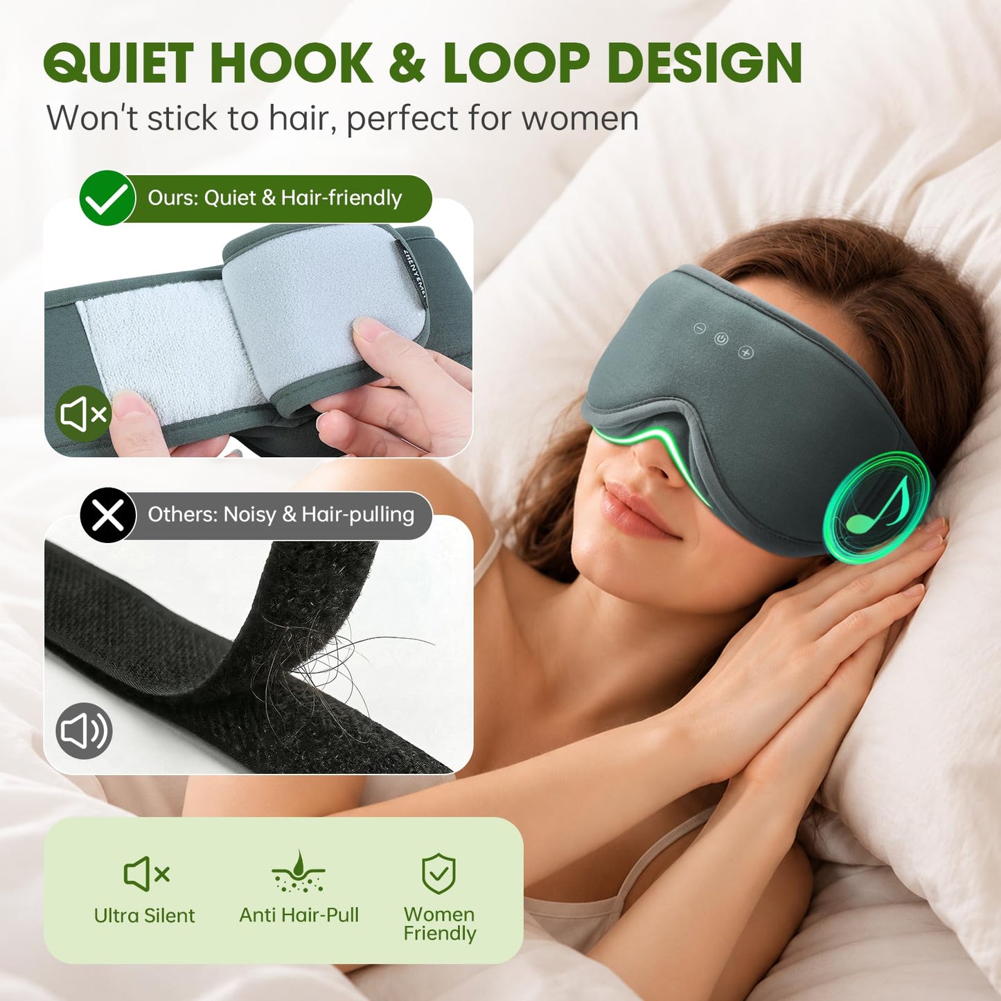 Bamboo Cotton Large Sleep Mask with Bluetooth Wireless Headphones - Blackout Eye Mask for Sleeping 3D Contoured Sleep Eye Cover Headband Ear Plugs Low Noise Hook for Men Women Better Experience (Grey)