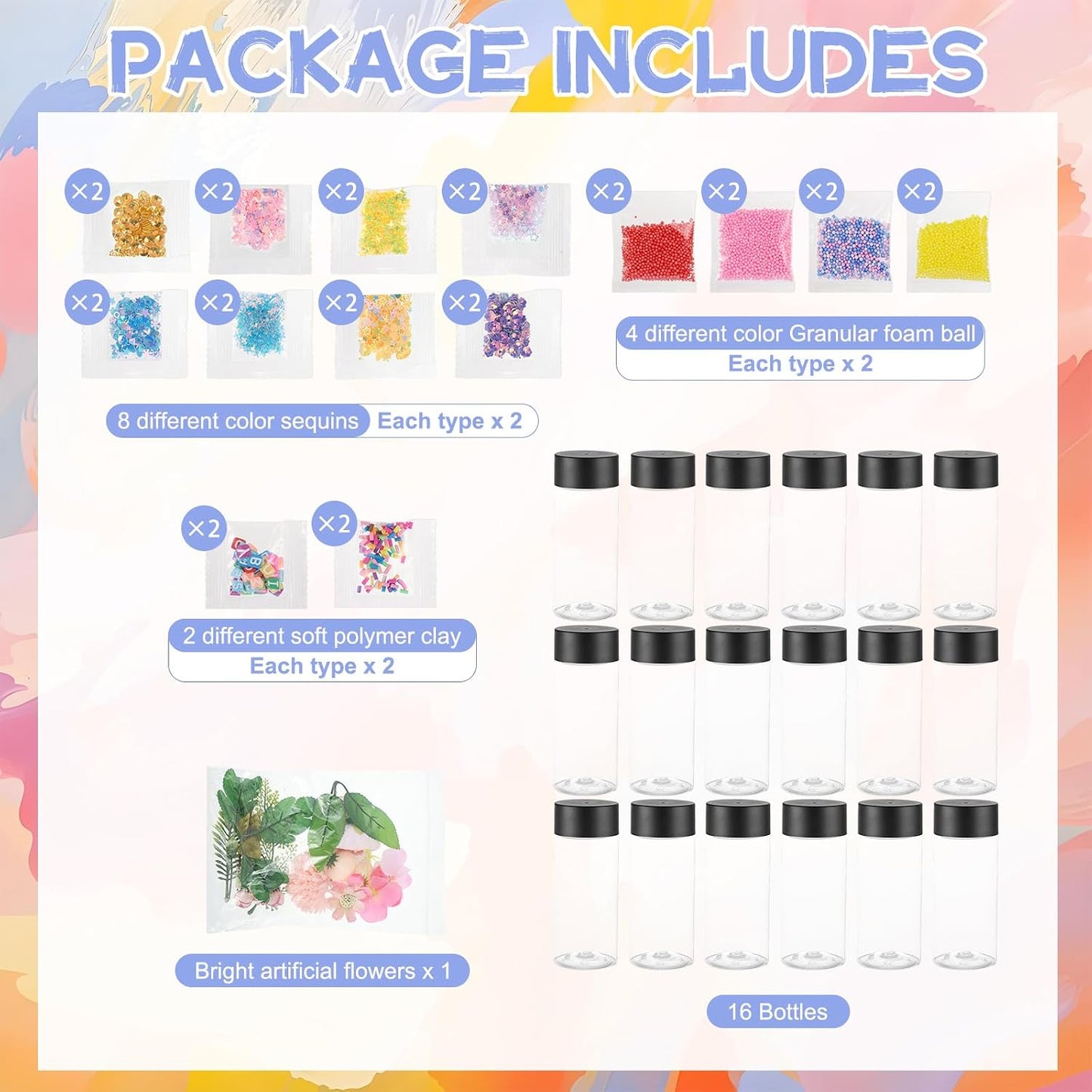 YEXEXINM 16 Pcs Empty Sensory Bottles Kits, 300 ml Leakproof Clear Plastic Sensory Bottles with Lids with Sequins Accessories, Reusable Water Bottles for Sensory Crafts Handmade Party Supply