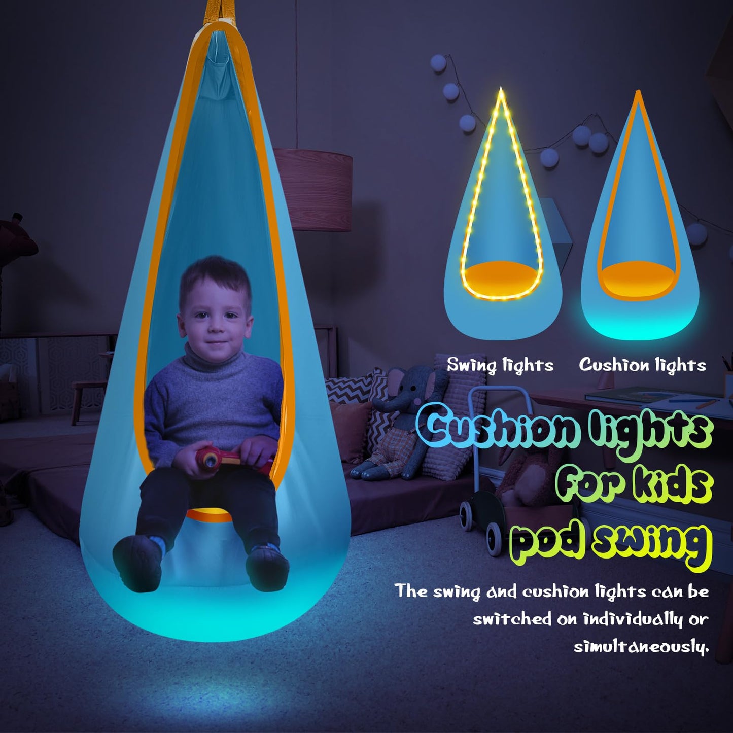 Light Up Kids Pod Swing Seat, Upgraded Kids Hanging Hammock Swing with LED Lights, Cotton Sensory Pod Swing Chair with Inflatable Pillow, Pod Swing for Kids Indoor & Outdoor (1 PCS) (Blue)