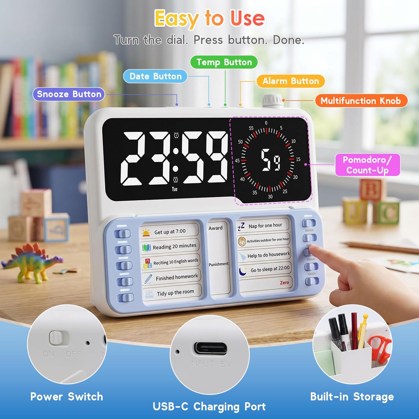 7-in-1 Visual ADHD Timer for Kids with Chore Chart Board, ADHD Tools Schedule for Kids with Autism, Alarm, Countdown, Date, Temperature, Storage, Daily Checklist for Home/School/Classroom/Desk(Pink)