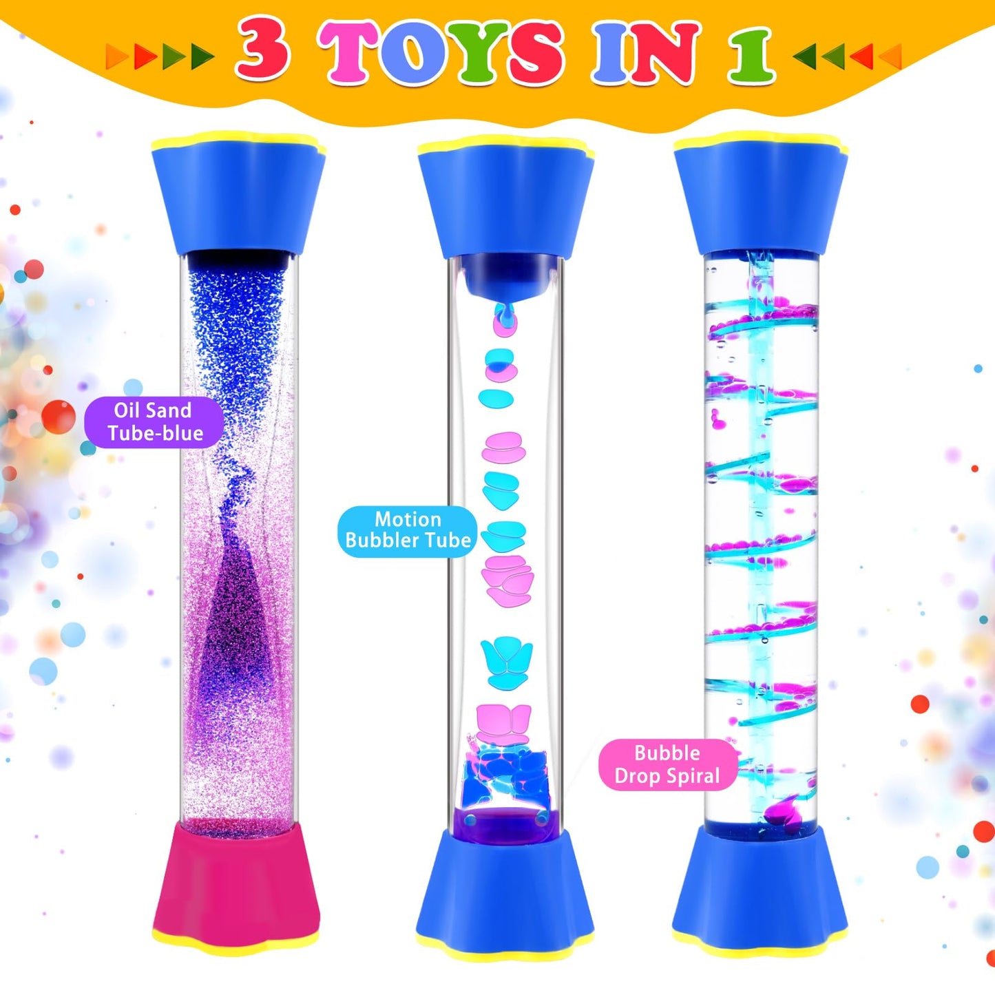 Sensory Fidget Tubes - Calming Toys for Kids & Adults- Sensory Tube with Glitter Bottle, Gravity Spinner, Bubble Drop Spiral - Fidget Toys for Classroom, Desk Decor, Office ( 2 Pack )