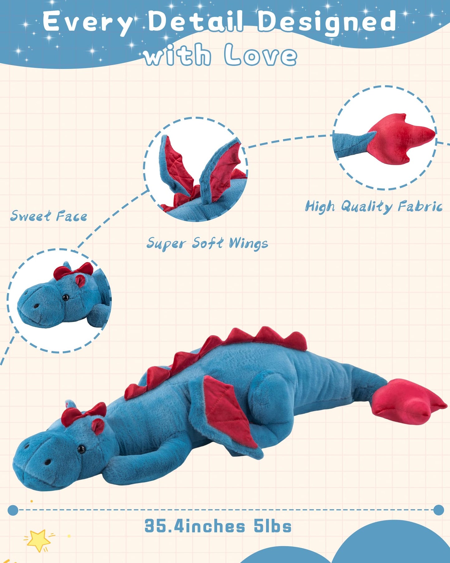 35.4" Weighted Dragon Plush Toy, 5lb Weighted Stuffed Animals, Silent Glass Beads Large Dragon Pillow for Sensory Relaxation for Kids and Adults, for Bedtime & Lounging
