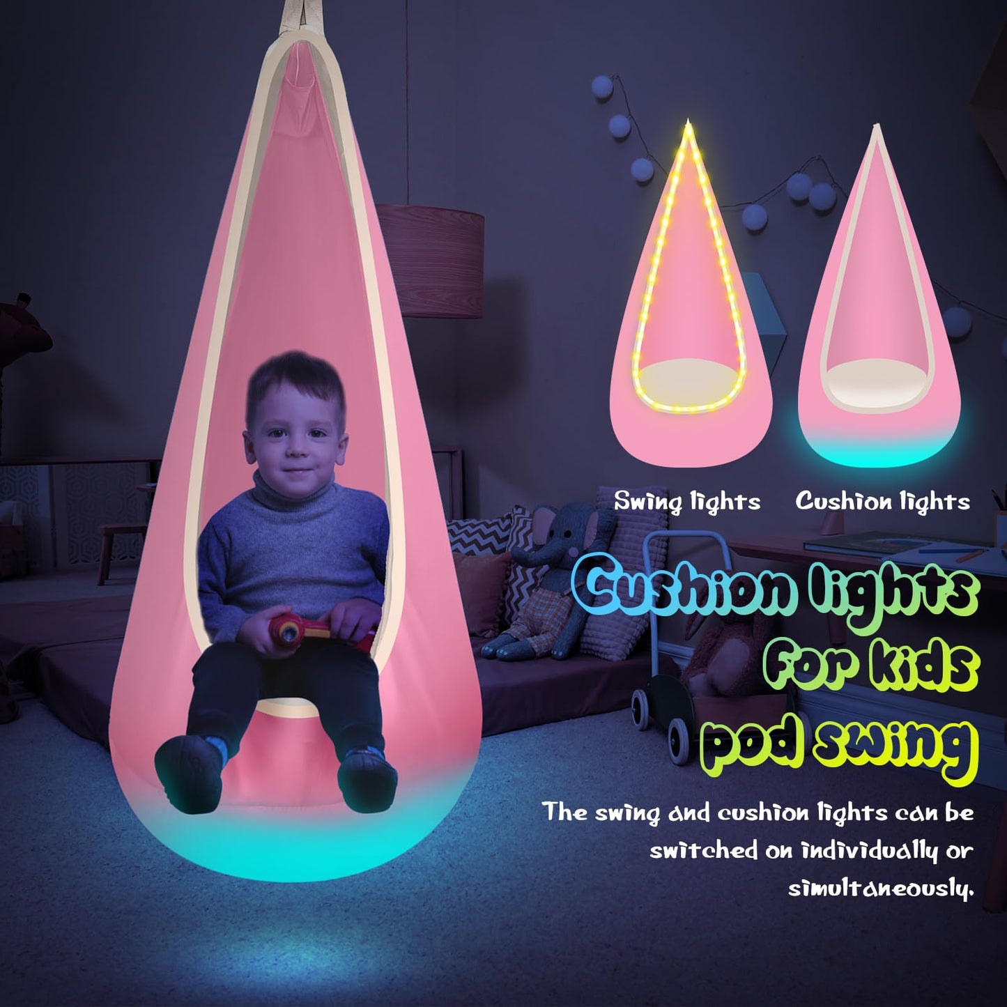 Light Up Kids Pod Swing Seat, Upgraded Kids Hanging Hammock Swing with LED Lights, Cotton Sensory Pod Swing Chair with Inflatable Pillow, Pod Swing for Kids Indoor & Outdoor (1 PCS) (Blue)