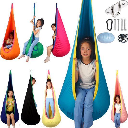 HiCamer Sensory Swing for Kids indoor and outdoor Pod hammock Chair Seat Upgrade Max 300 lbs Hanging Swing with Inflatable Cushion Includes Hardware Hanger Kit for Aspergers Autism ADHD (Cranberry)