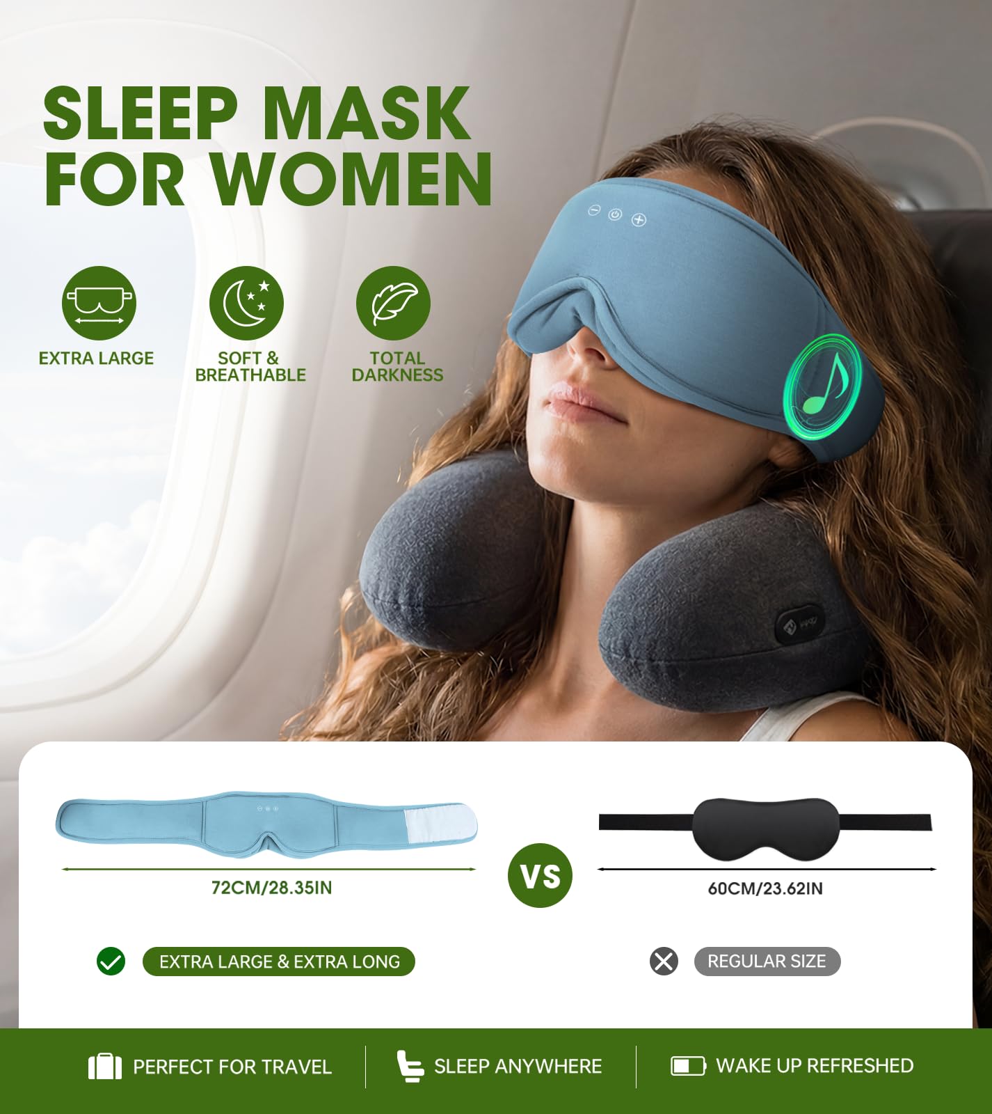 Bamboo Cotton Large Sleep Mask with Bluetooth Wireless Headphones - Blackout Eye Mask for Sleeping 3D Contoured Sleep Eye Cover Headband Ear Plugs Low Noise Hook for Men Women Better Experience (Grey)