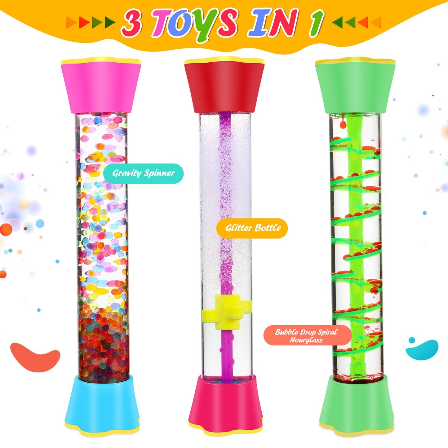 Sensory Fidget Tubes - Calming Toys for Kids & Adults- Sensory Tube with Glitter Bottle, Gravity Spinner, Bubble Drop Spiral - Fidget Toys for Classroom, Desk Decor, Office ( 2 Pack )