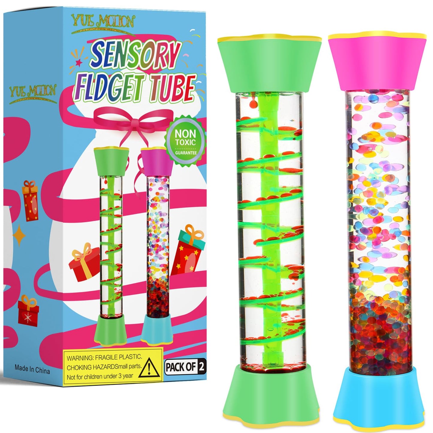 Sensory Fidget Tubes - Calming Toys for Kids & Adults- Sensory Tube with Glitter Bottle, Gravity Spinner, Bubble Drop Spiral - Fidget Toys for Classroom, Desk Decor, Office ( 2 Pack )