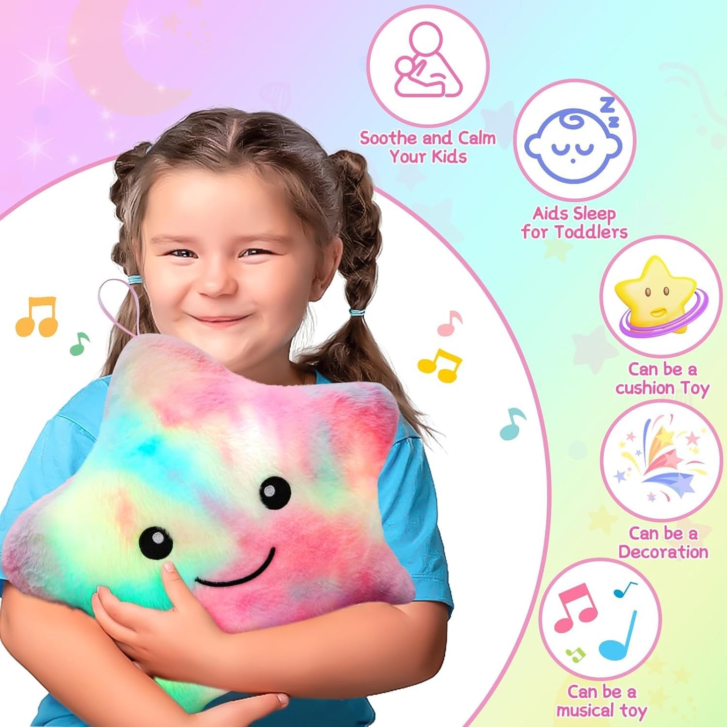 Subao Sensory Toys for Kids with Autism,14" Soft Toddler Pillow With Light &Music,Plush Star Night Light,Light Up Adhd Autism Sensory Products,Birthday Xmas Easter Gifts for Boys 3 4 5 6 7 8 9 10 Blue