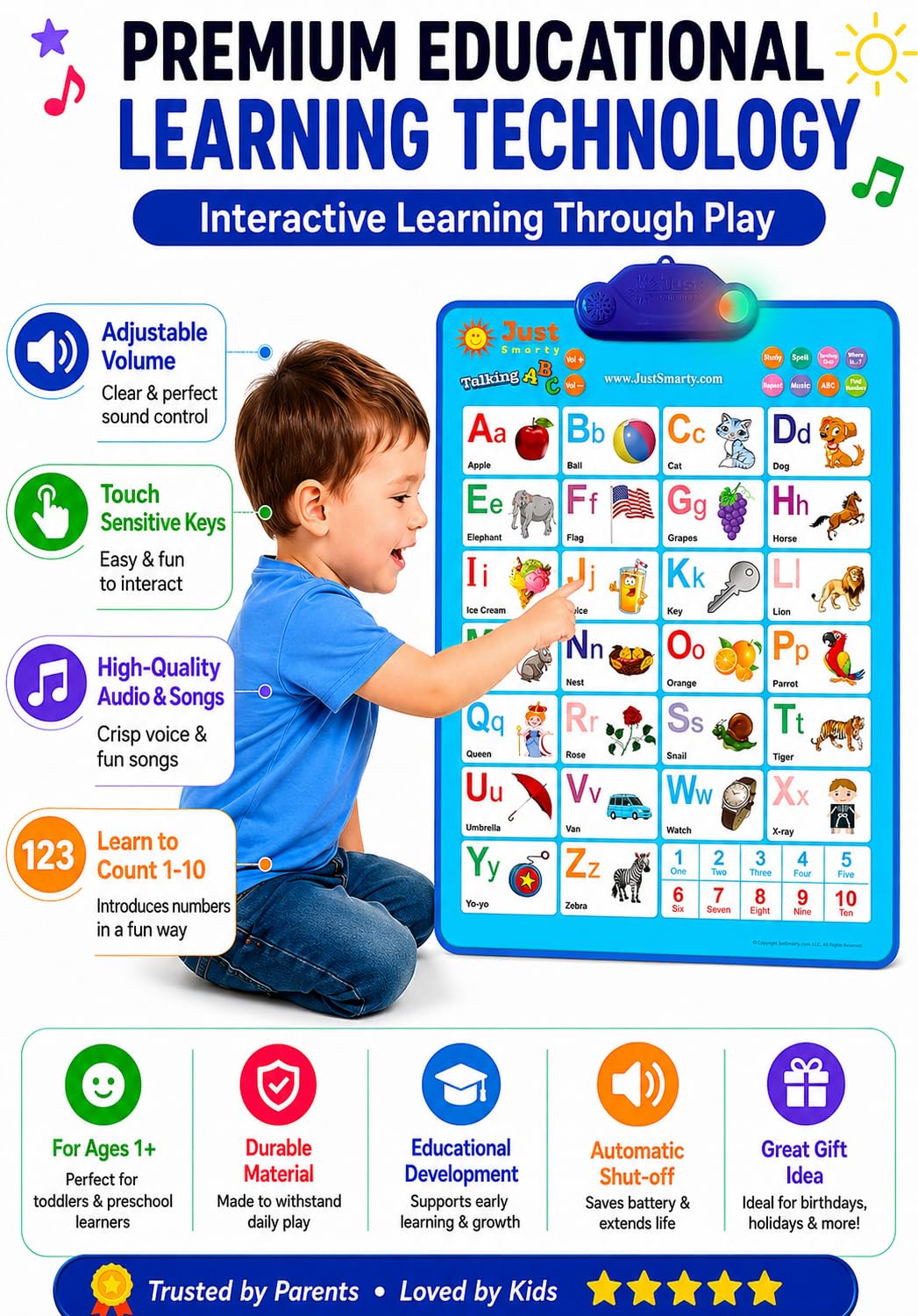 Just Smarty Interactive Alphabet Wall Chart, Blue | ABCs & 123s Learning for Toddlers 1-5, Educational Gift for Ages 1-5, Speech Therapy, Autism Toys
