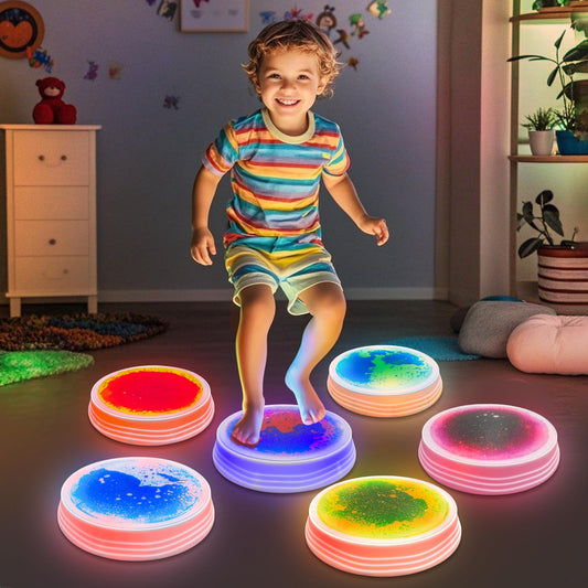 Light Up Stepping Stones for Kids Ages 3+, Sensory Stepping Stones with 7 Glow Colors & Liquid Motion, Non-Slip Toddlers Balance Toys for Coordination & Obstacle Course(3 Pack, Round)