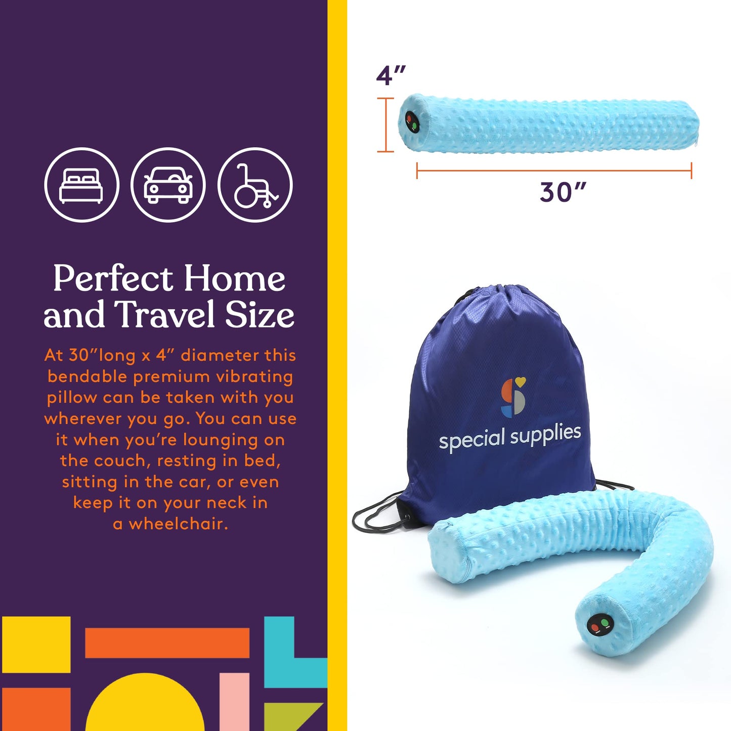 Special Supplies Sensory Vibrating Neck Pillow for Kids and Adults Plush Velvet Soft Cover with Textured Therapy Stimulation, Mind and Body Calming Relaxation - Blue