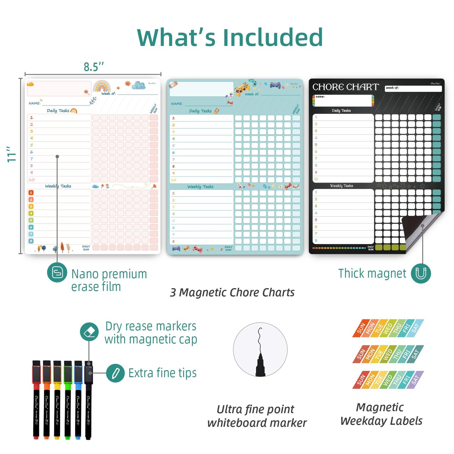 Magnetic Dry Erase Chore Chart - 8.5"x11" Behavior Responsibility Chore Board, Reward Chart for Kids, Teenagers - 6 Extra Fine Point Markers Included - Shipped Flat
