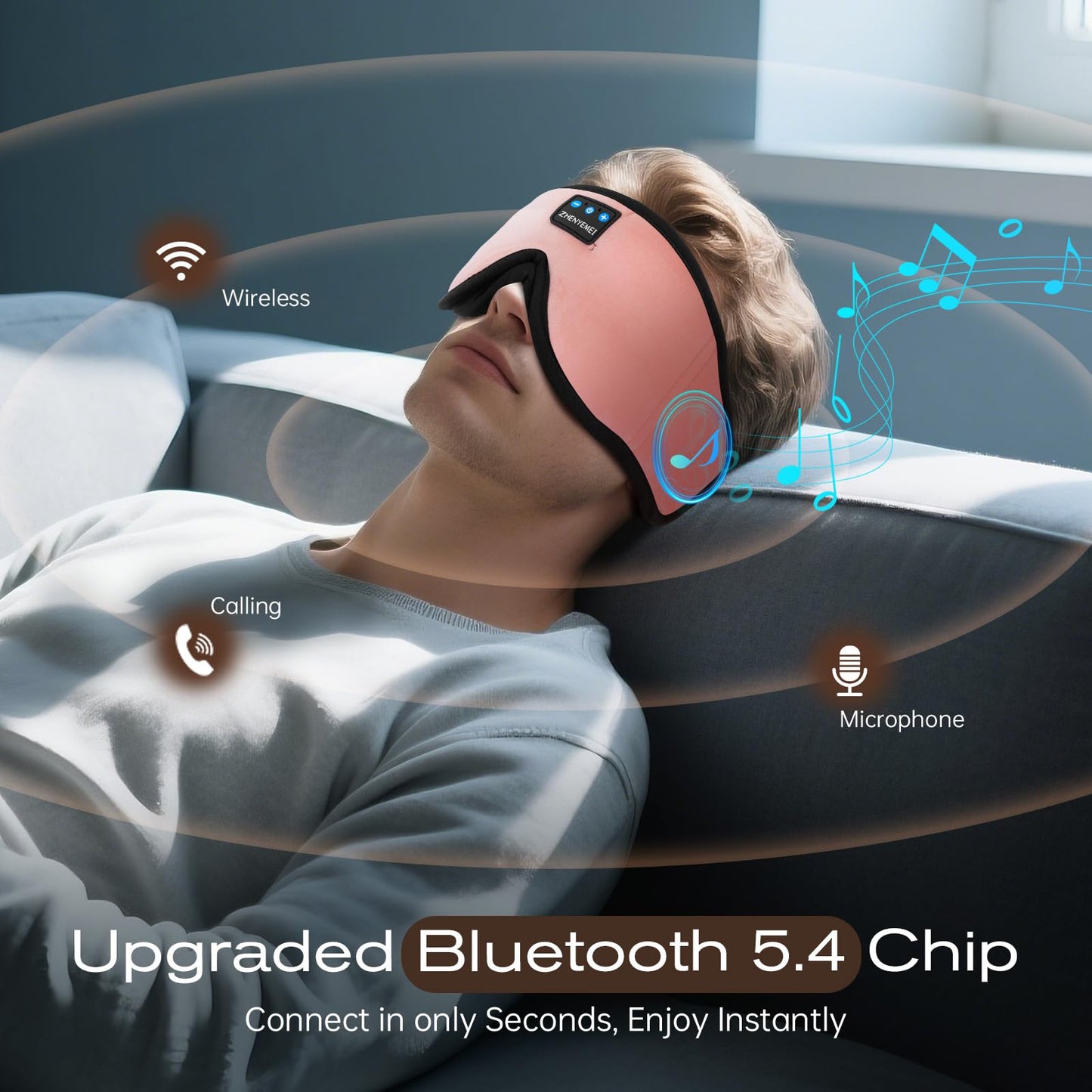 Bamboo Cotton Large Sleep Mask with Bluetooth Wireless Headphones - Blackout Eye Mask for Sleeping 3D Contoured Sleep Eye Cover Headband Ear Plugs Low Noise Hook for Men Women Better Experience (Grey)