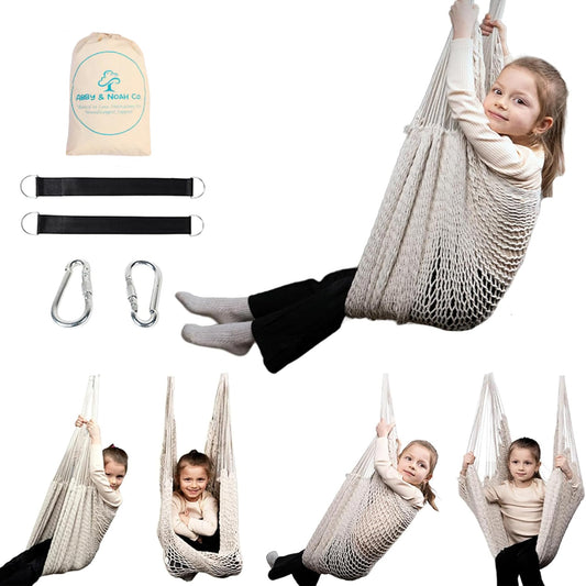 Abby & Noah Natural Handwoven Cotton Sensory Swing for Kids & Adults | Autism ADHD Therapy Swing with Hug-Like Calming Effect | Indoor Hanging Sensory Hammock | Holds Up to 300 lbs (Large-108 x76)