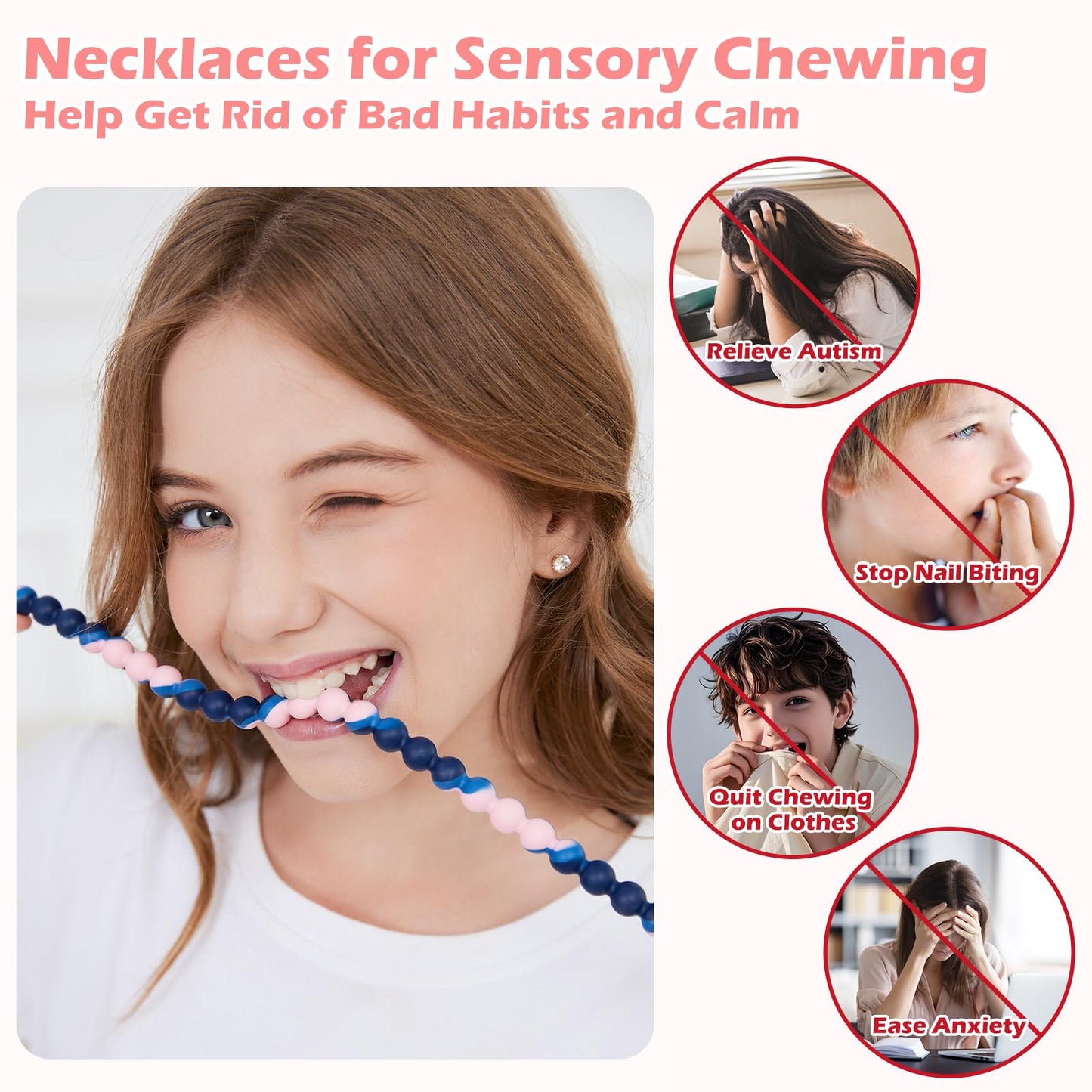 Chew Necklaces for Sensory Kids and Adults, Chewy Necklace Sensory Toys for Nail Biting, Silicone Necklace for Autism, ADHD, SPD, Fidget Oral Chew Toys for Boys and Girls Kids