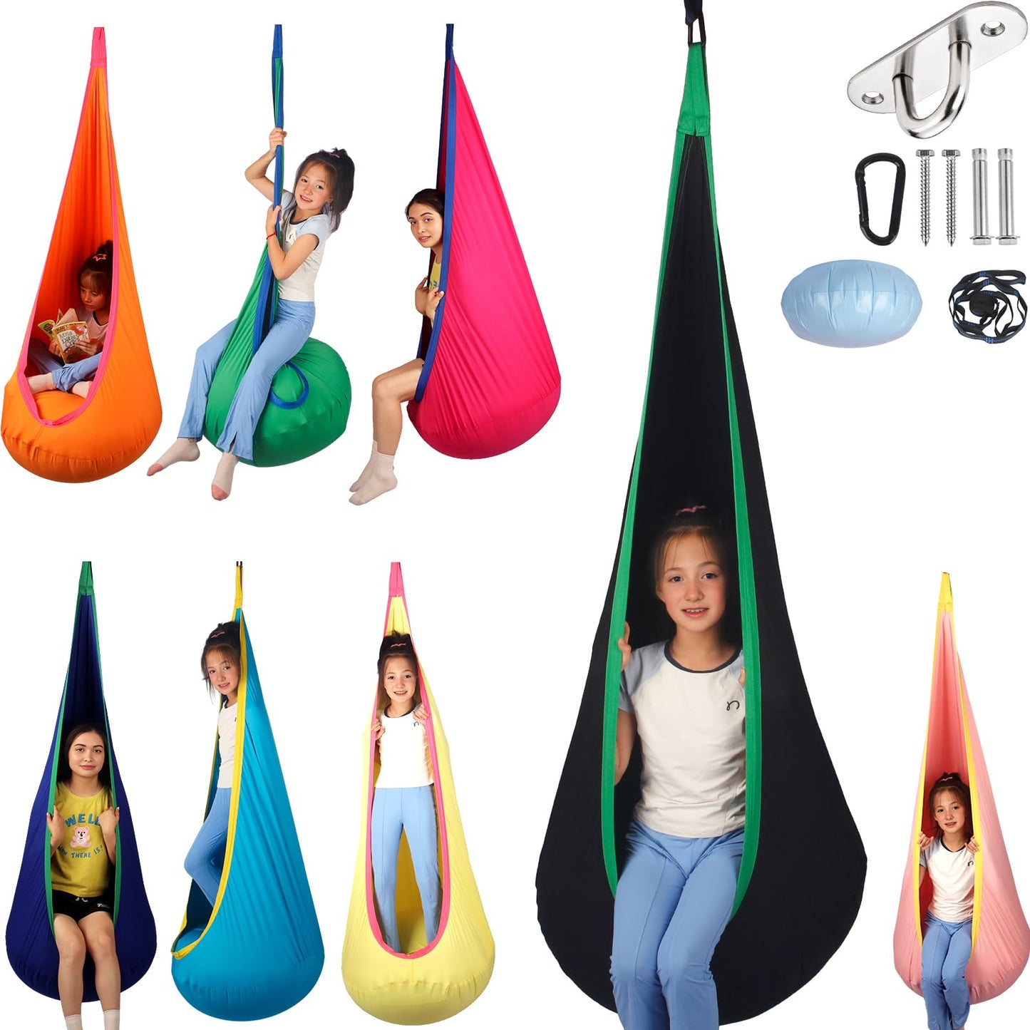 HiCamer Sensory Swing for Kids indoor and outdoor Pod hammock Chair Seat Upgrade Max 300 lbs Hanging Swing with Inflatable Cushion Includes Hardware Hanger Kit for Aspergers Autism ADHD (Cranberry)
